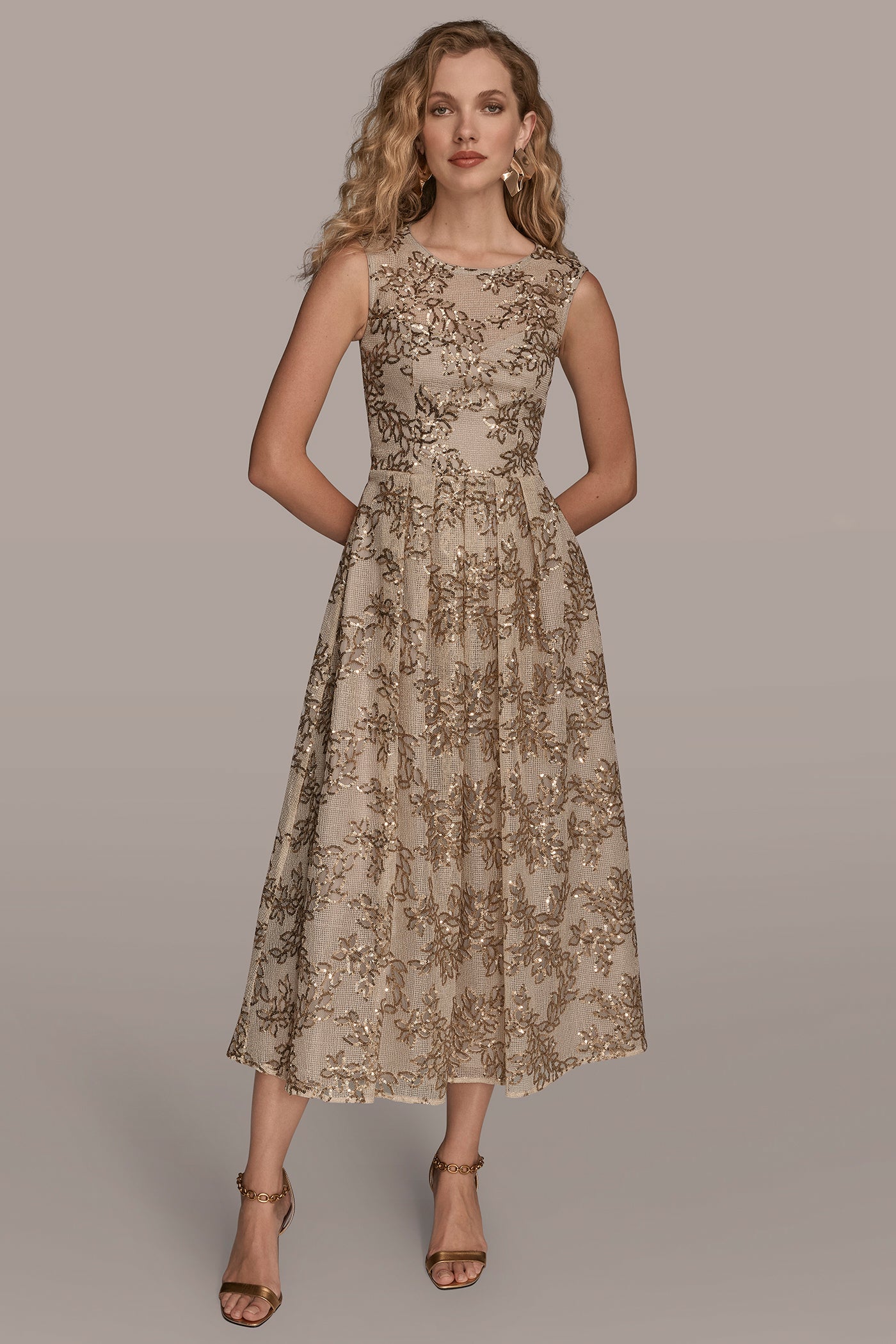 PLEATED SEQUIN FLORAL-EMBROIDERED MIDI GOWN | View 1 | Event Dressing PLEATED SEQUIN FLORAL-EMBROIDERED MIDI GOWN | View 1 | Event Dressing
