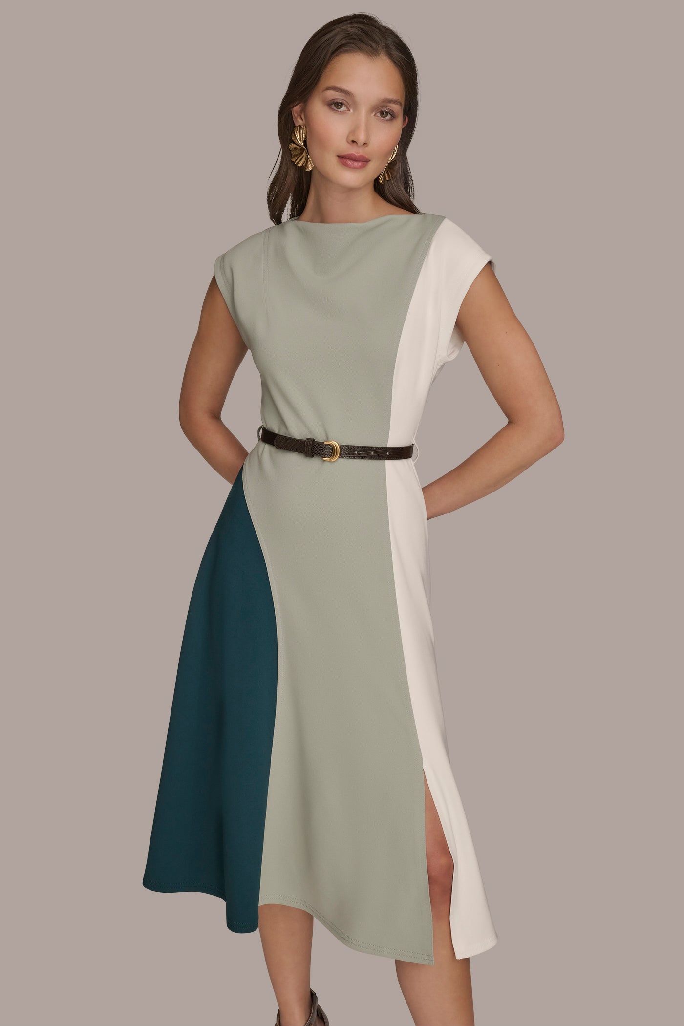 BELTED COLOR BLOCK MIDI DRESS VIEW 4 BELTED COLOR BLOCK MIDI DRESS VIEW 4