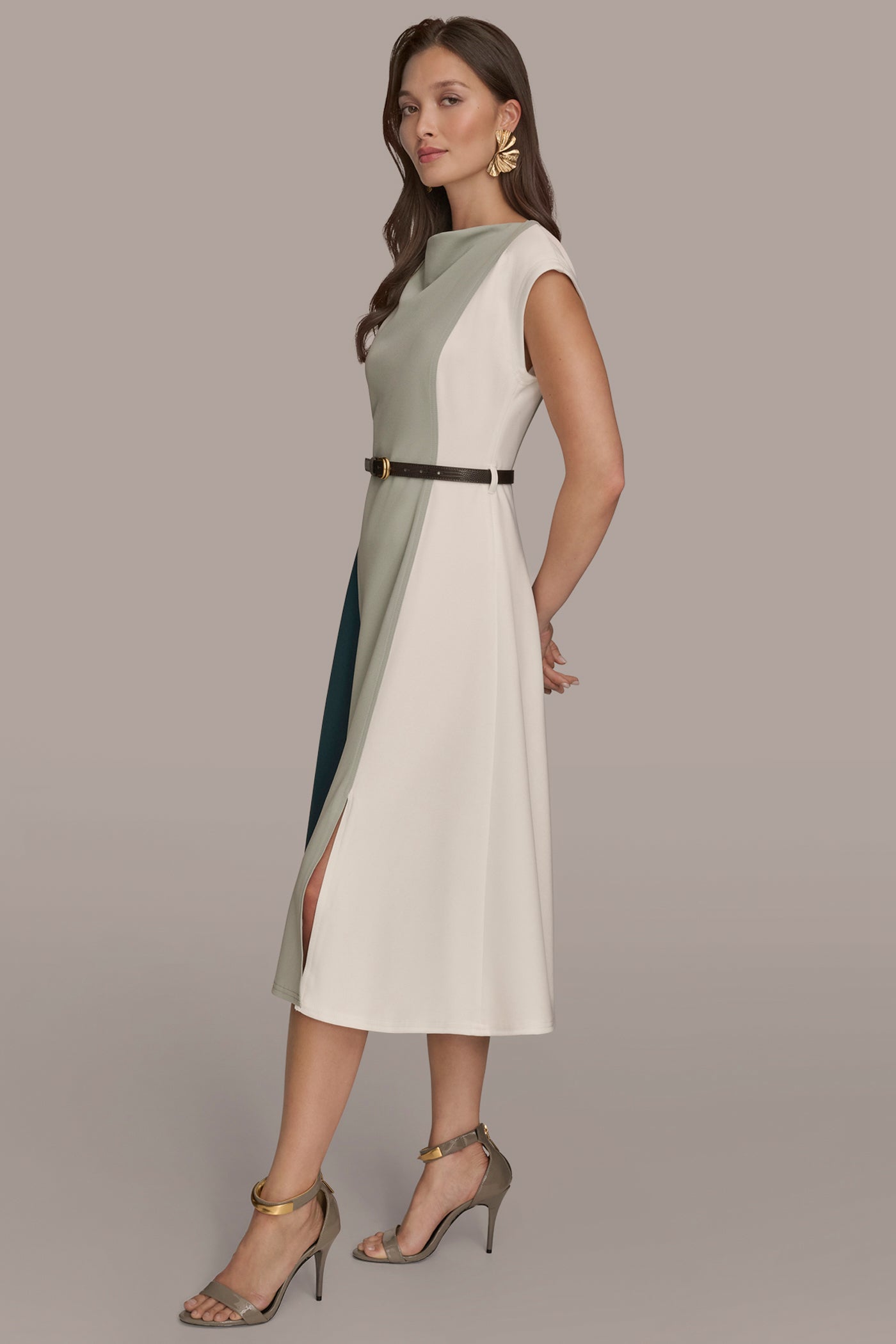 BELTED COLOR BLOCK MIDI DRESS VIEW 3 BELTED COLOR BLOCK MIDI DRESS VIEW 3