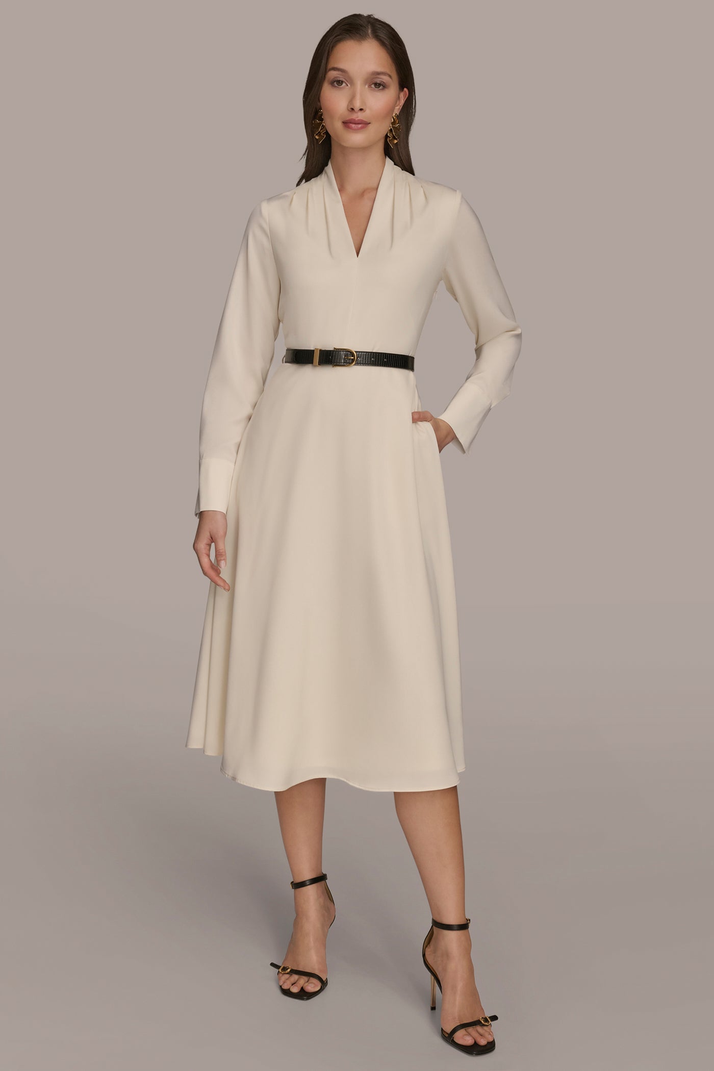 BELTED V-NECK MIDI DRESS | View 1 | Essential Dresses BELTED V-NECK MIDI DRESS | View 1 | Essential Dresses