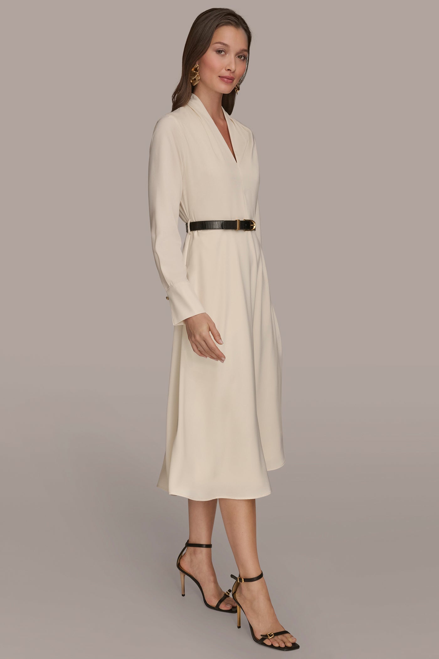 BELTED V-NECK MIDI DRESS VIEW 3 BELTED V-NECK MIDI DRESS VIEW 3