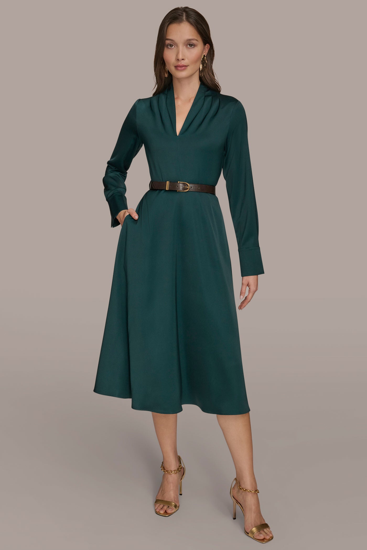 BELTED V-NECK MIDI DRESS | View 1 | Essential Dresses BELTED V-NECK MIDI DRESS | View 1 | Essential Dresses