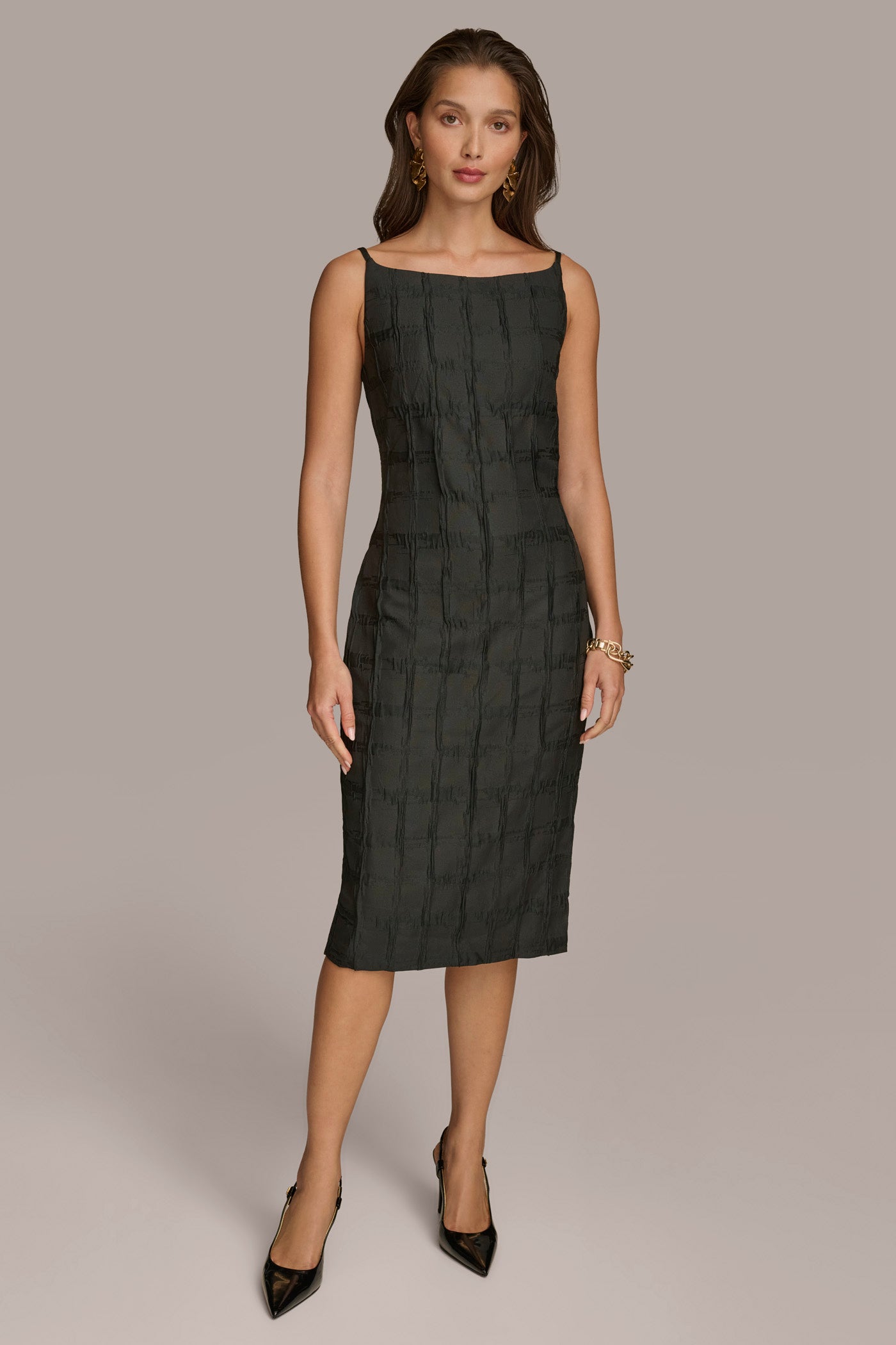 PLAID JACQUARD MIDI SHEATH DRESS | View 1 | Black Dresses PLAID JACQUARD MIDI SHEATH DRESS | View 1 | Black Dresses