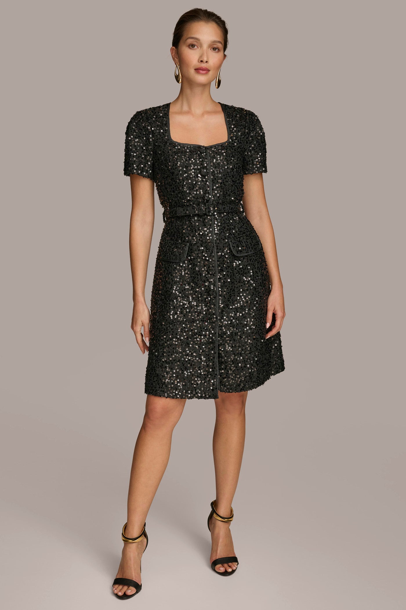 SQUARE NECK SEQUIN A LINE DRESS VIEW 1 SQUARE NECK SEQUIN A LINE DRESS VIEW 1