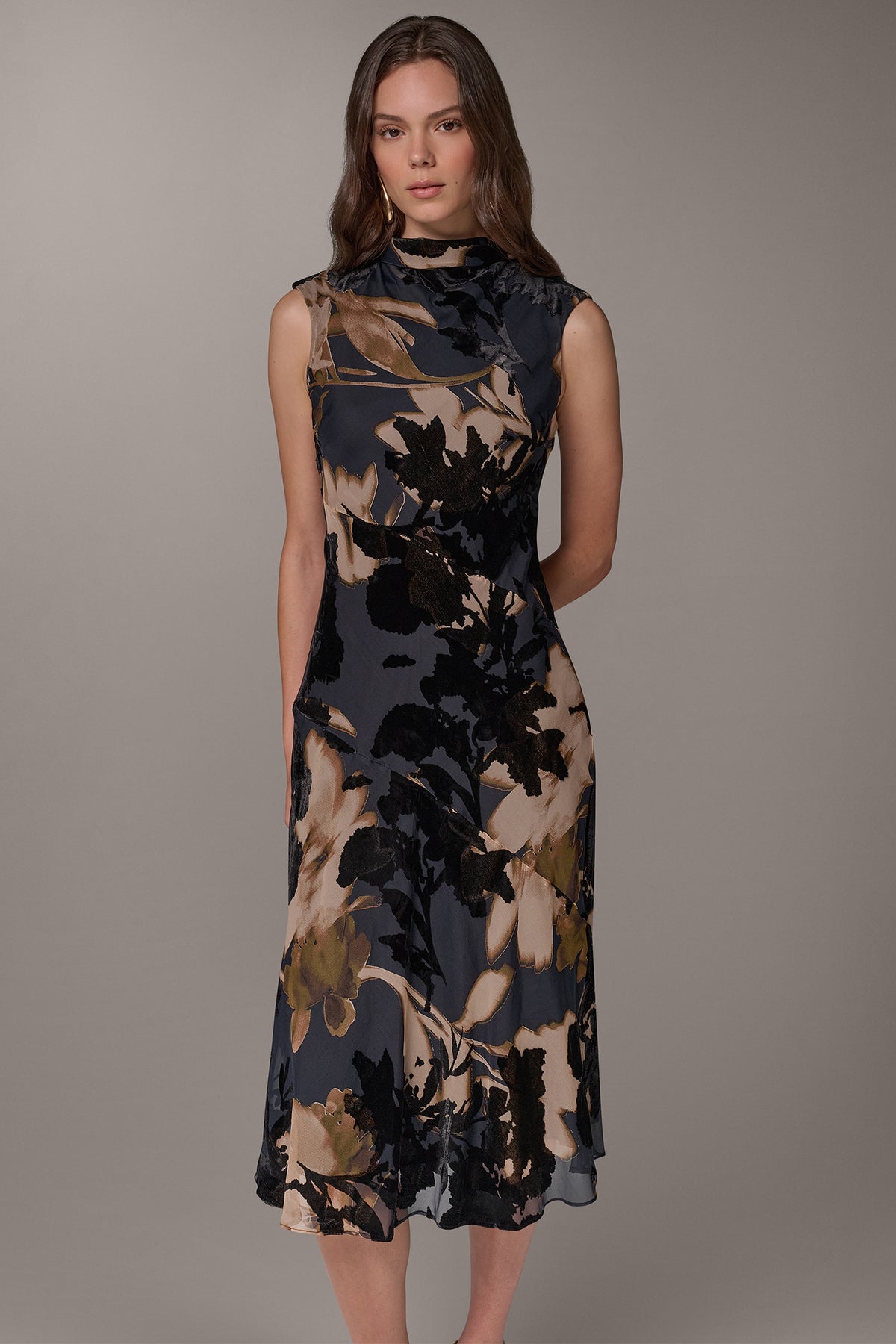 Donna Karan Women's Velvet Floral Burnout Midi Dress in Espresso Multi Brown, Size 8