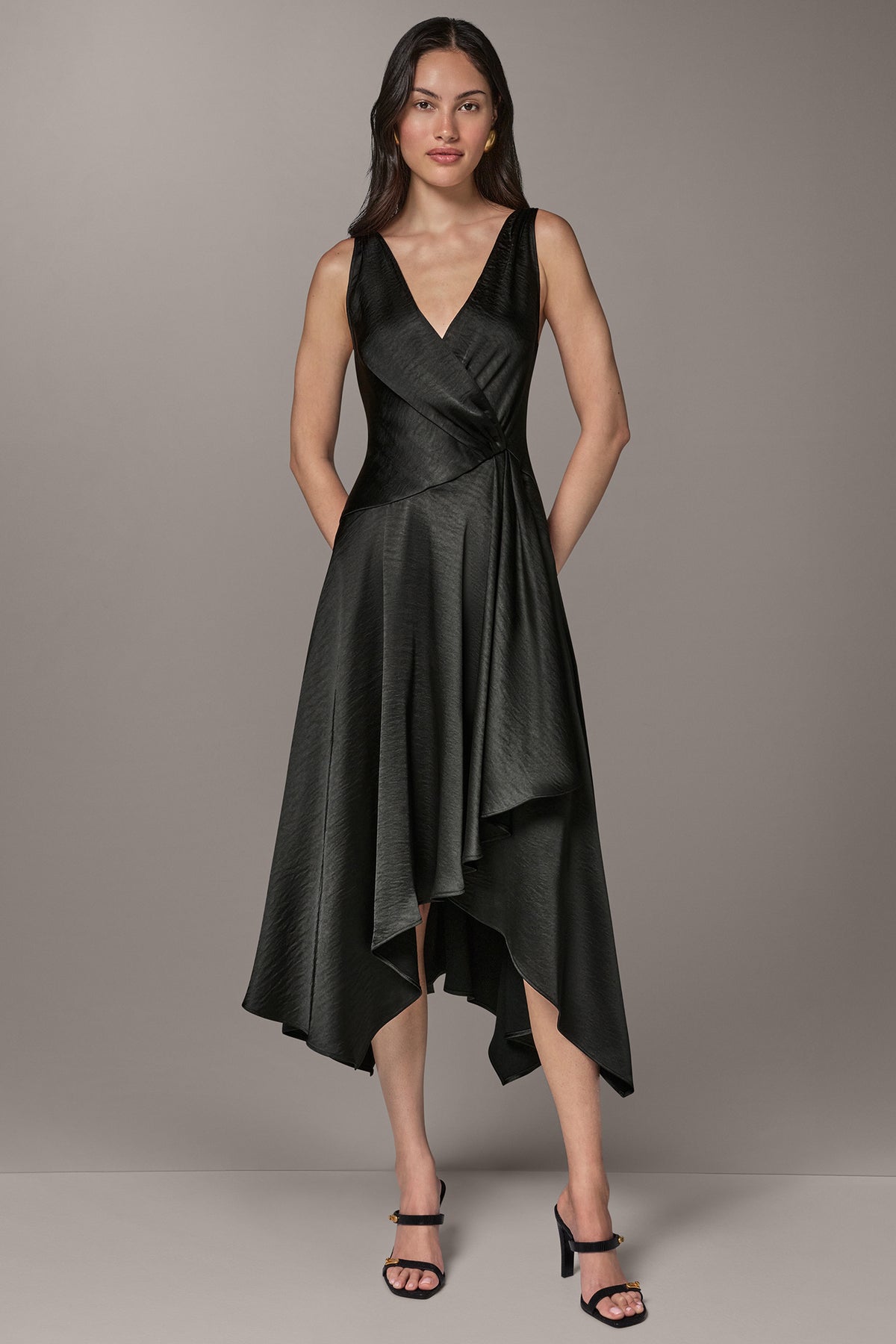 Donna Karan Women's Satin Sleeveless Surplice-Neck Draped A-Line Midi Dress - Black