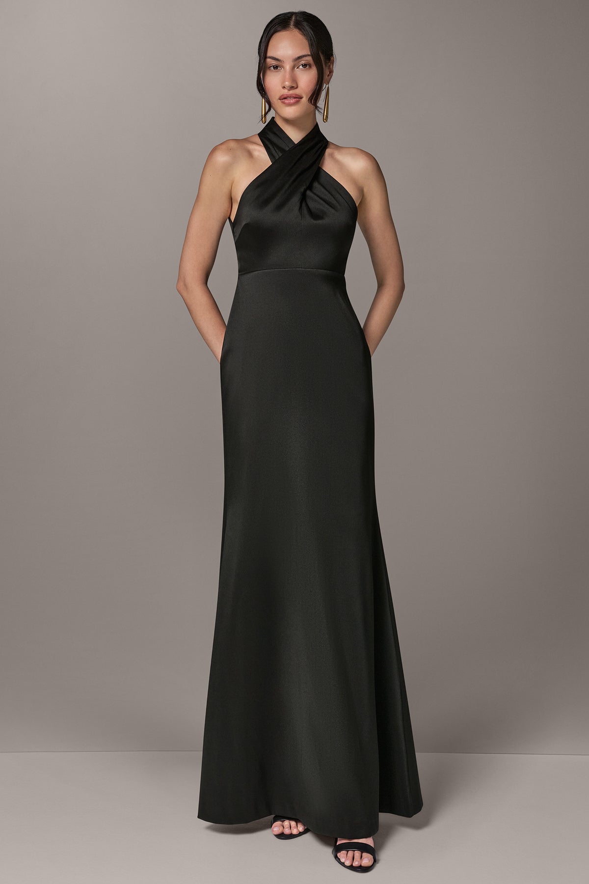 Donna Karan Women's Mikado Cross Front Halter Gown in Black, Size 10
