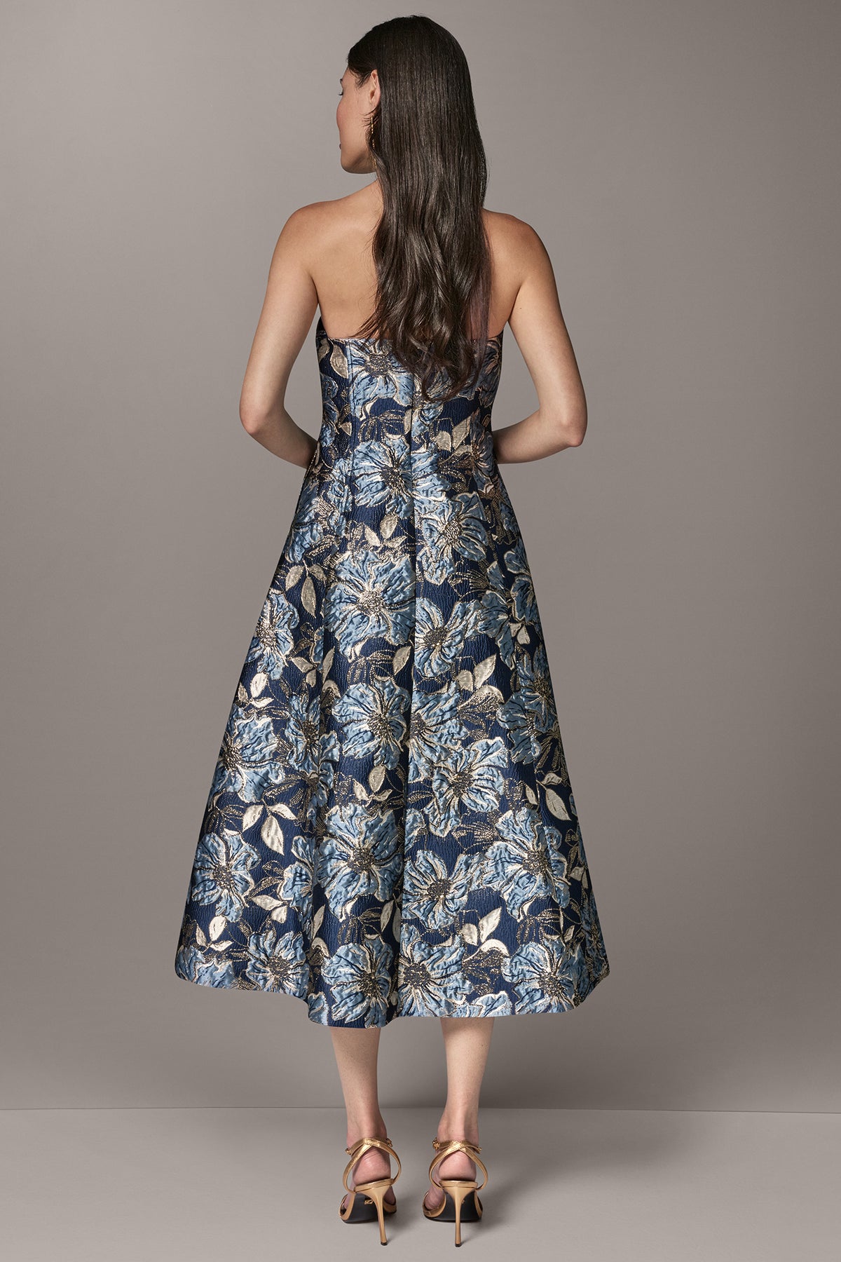 donna karan dress Women's Floral Jacquard Strapless Midi Gown in Nightfall Multi Blue, Size 12P timeless look Size:M 8-10 Alie Street Pippa Shift Sky to Moon