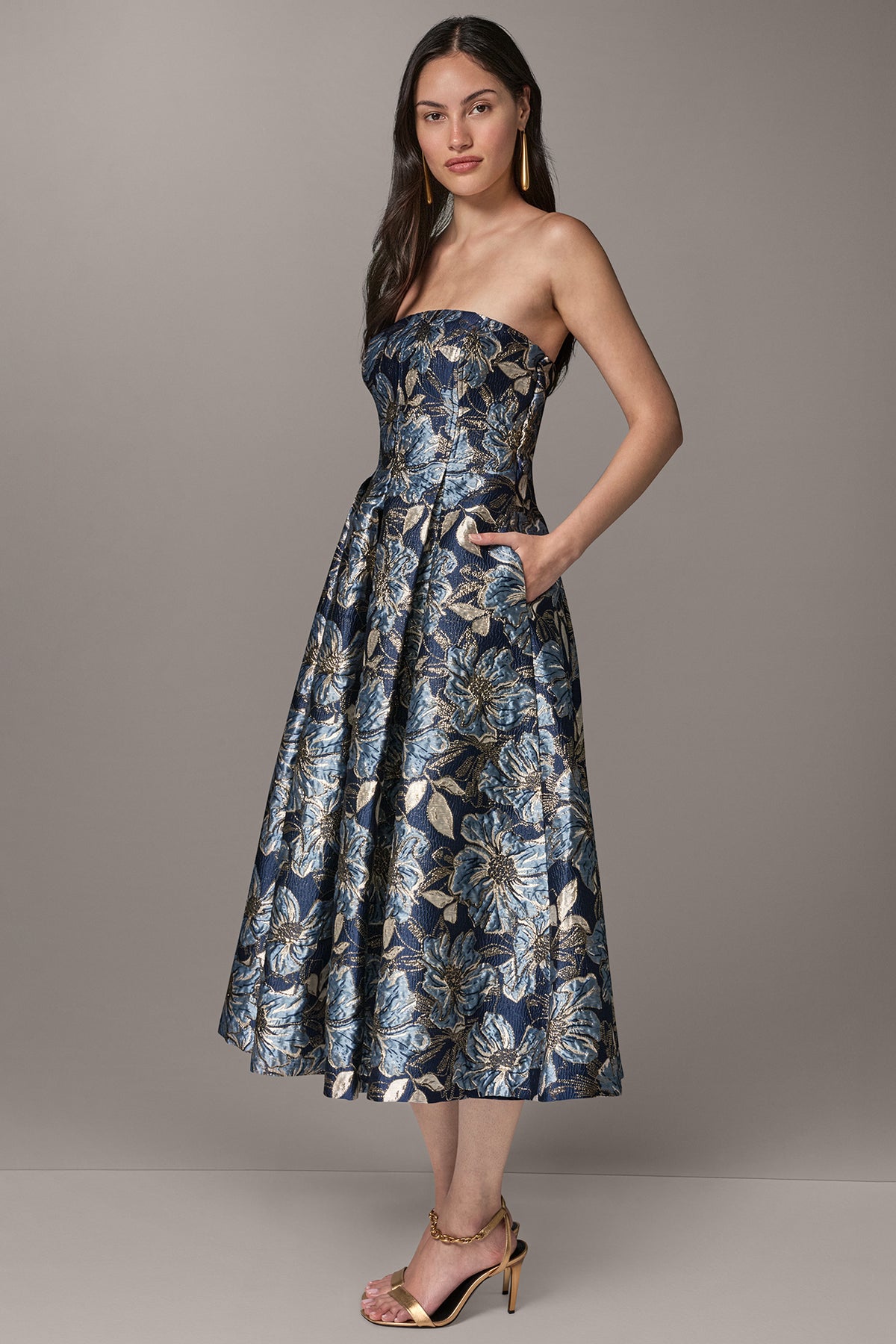 strapless jacquard dress Donna Karan Women's Floral Midi Gown in Nightfall Multi Blue, Size 12P Polyester Details V. Chapman Coco Set WAX POETIC CLOTHING Style:Tank