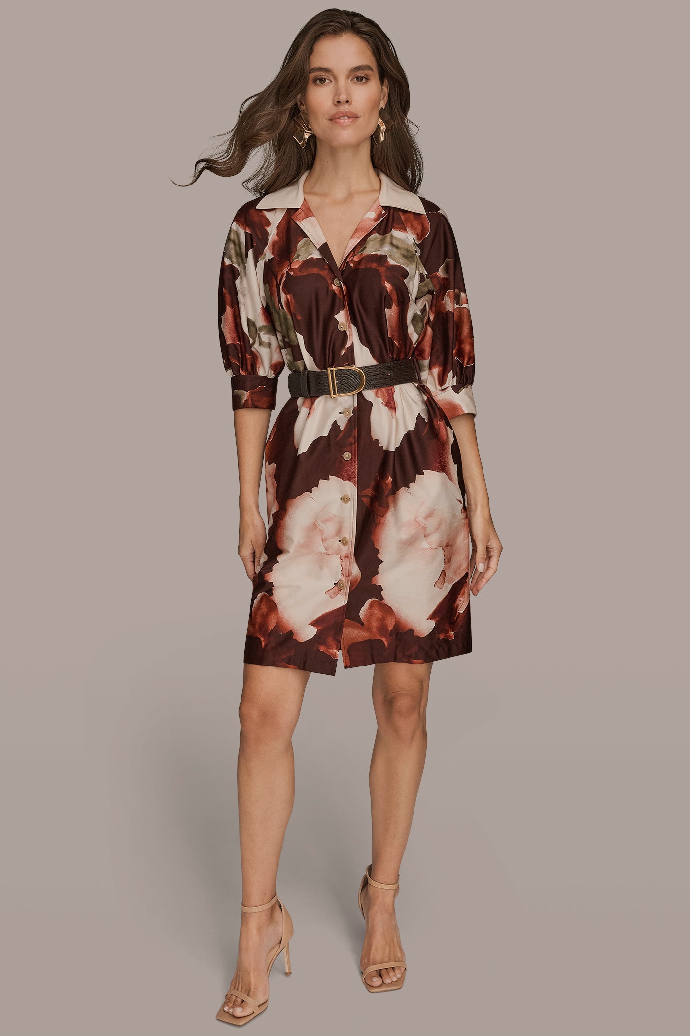 BELTED 3/4-SLEEVE FLORAL SHIRT DRESS VIEW 4 BELTED 3/4-SLEEVE FLORAL SHIRT DRESS VIEW 4