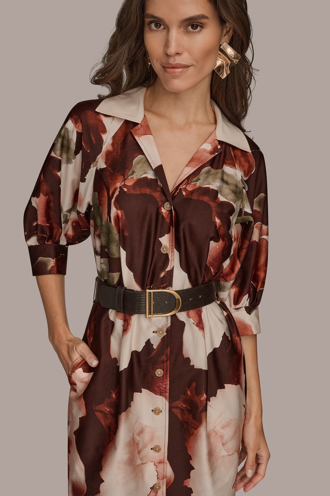 BELTED 3/4-SLEEVE FLORAL SHIRT DRESS VIEW 7 BELTED 3/4-SLEEVE FLORAL SHIRT DRESS VIEW 7