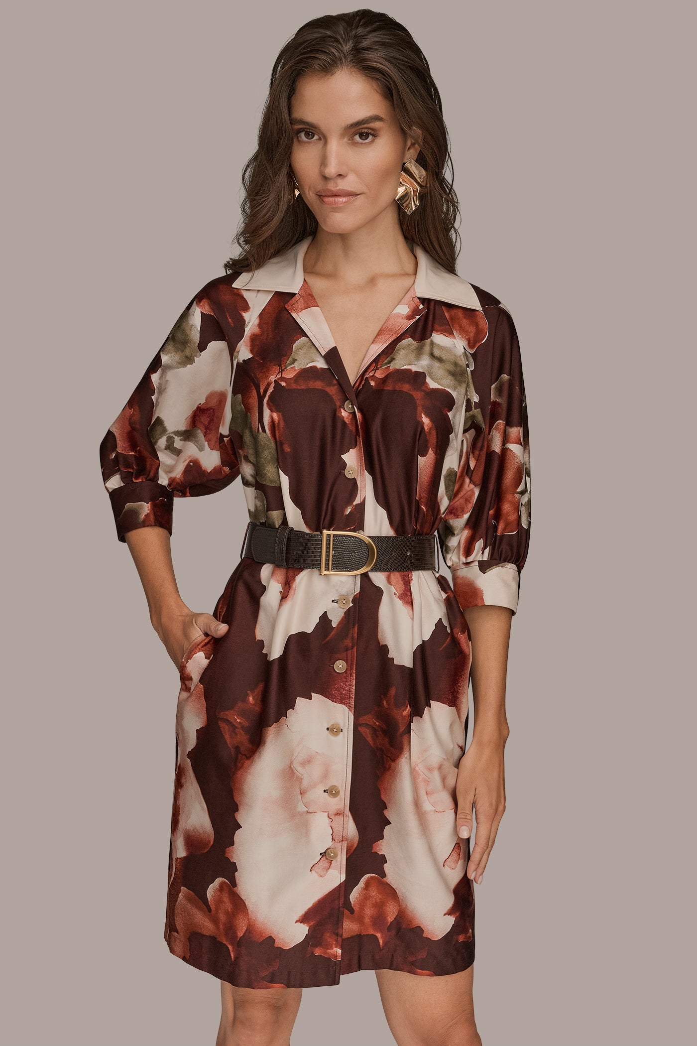 BELTED 3/4-SLEEVE FLORAL SHIRT DRESS VIEW 6 BELTED 3/4-SLEEVE FLORAL SHIRT DRESS VIEW 6