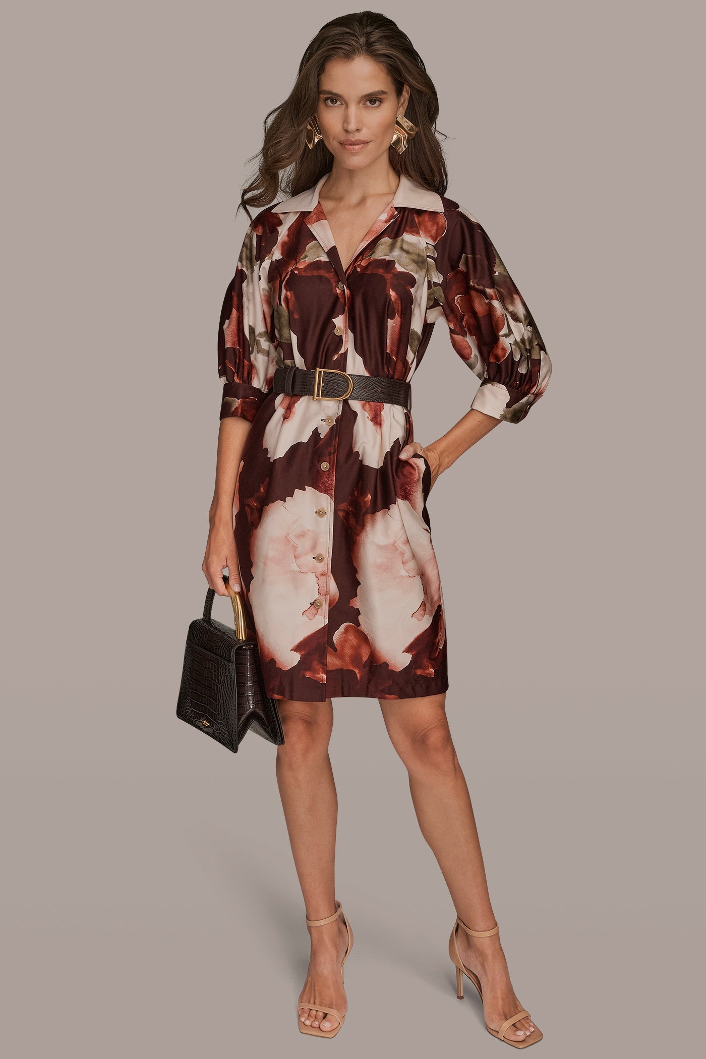 BELTED 3/4-SLEEVE FLORAL SHIRT DRESS VIEW 5 BELTED 3/4-SLEEVE FLORAL SHIRT DRESS VIEW 5