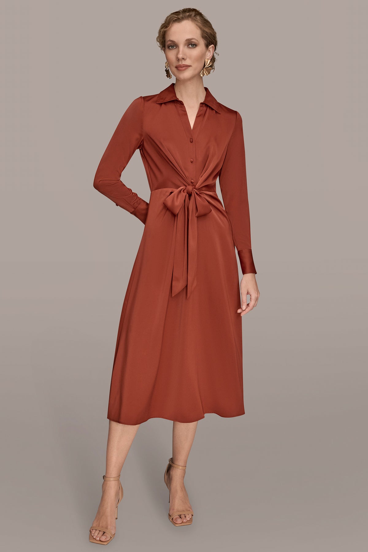 Donna Karan Women's Long Sleeve Satin Midi Shirt Dress in Cinnabar Donna Karan Women's Long Sleeve Satin Midi Shirt Dress in Cinnabar