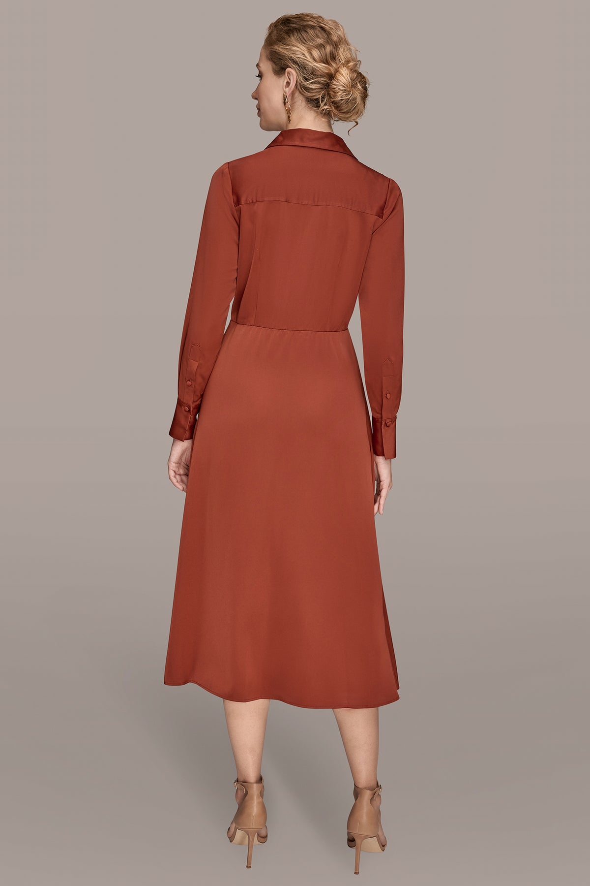 Donna Karan Women's Long Sleeve Satin Midi Shirt Dress in Cinnabar