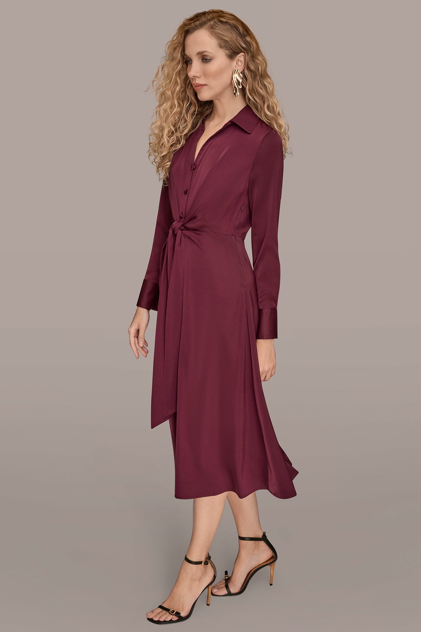 TIE FRONT SATIN MIDI SHIRT DRESS VIEW 3 TIE FRONT SATIN MIDI SHIRT DRESS VIEW 3