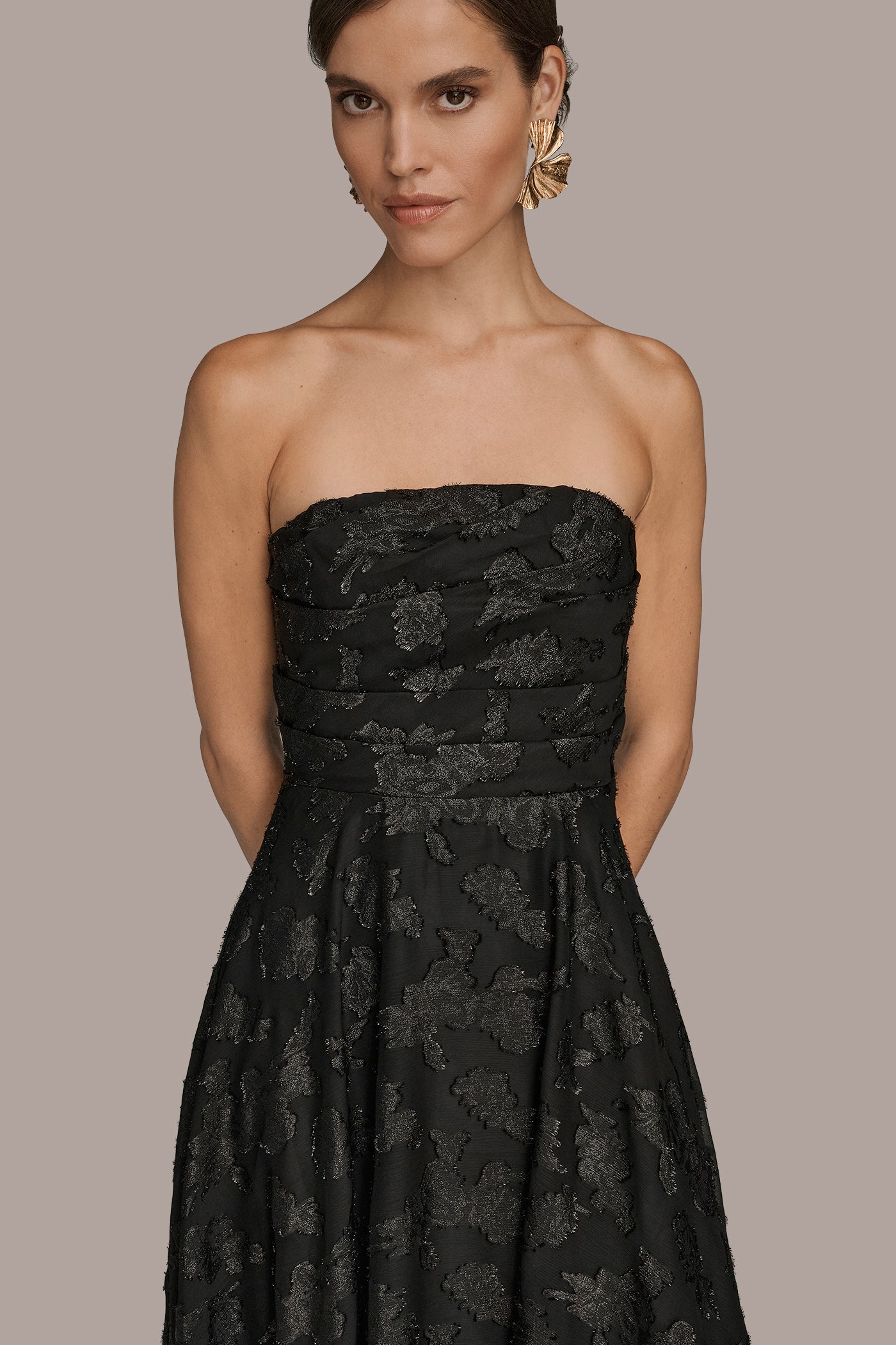 STRAPLESS FLORAL GATHERED CHIFFON GOWN VIEW 4 | Black Dresses STRAPLESS FLORAL GATHERED CHIFFON GOWN VIEW 4 | Black Dresses