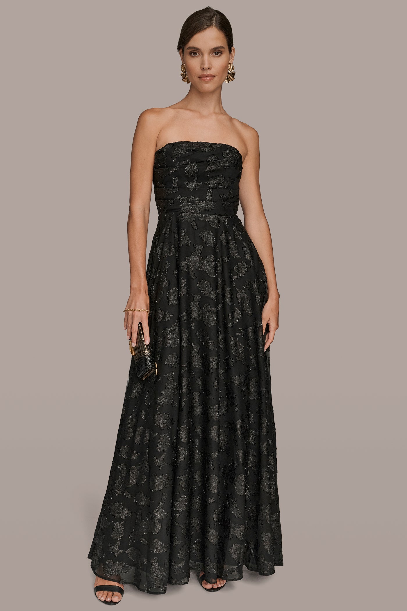 STRAPLESS FLORAL GATHERED CHIFFON GOWN VIEW 6 | Black Dresses STRAPLESS FLORAL GATHERED CHIFFON GOWN VIEW 6 | Black Dresses