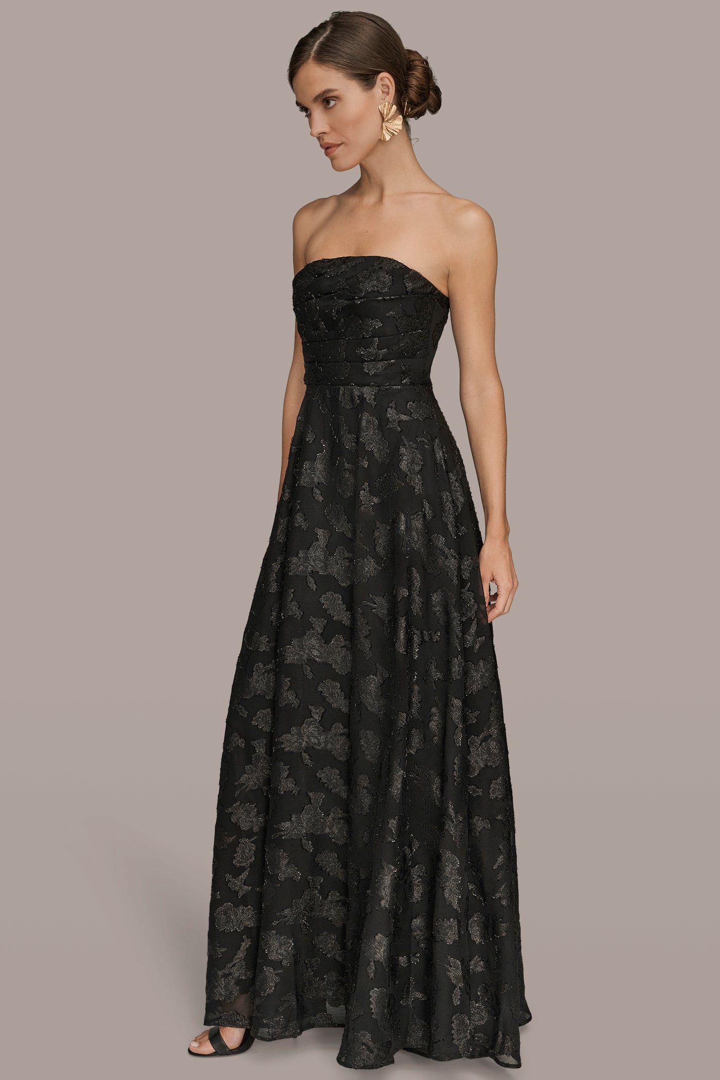 STRAPLESS FLORAL GATHERED CHIFFON GOWN VIEW 5 | Black Dresses STRAPLESS FLORAL GATHERED CHIFFON GOWN VIEW 5 | Black Dresses