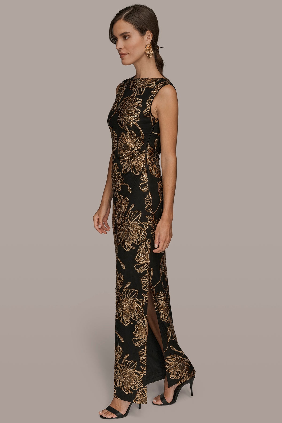 Donna Karan Women's Sleeveless Floral Sequin Gown in Black/Gold Donna Karan Women's Sleeveless Floral Sequin Gown in Black/Gold