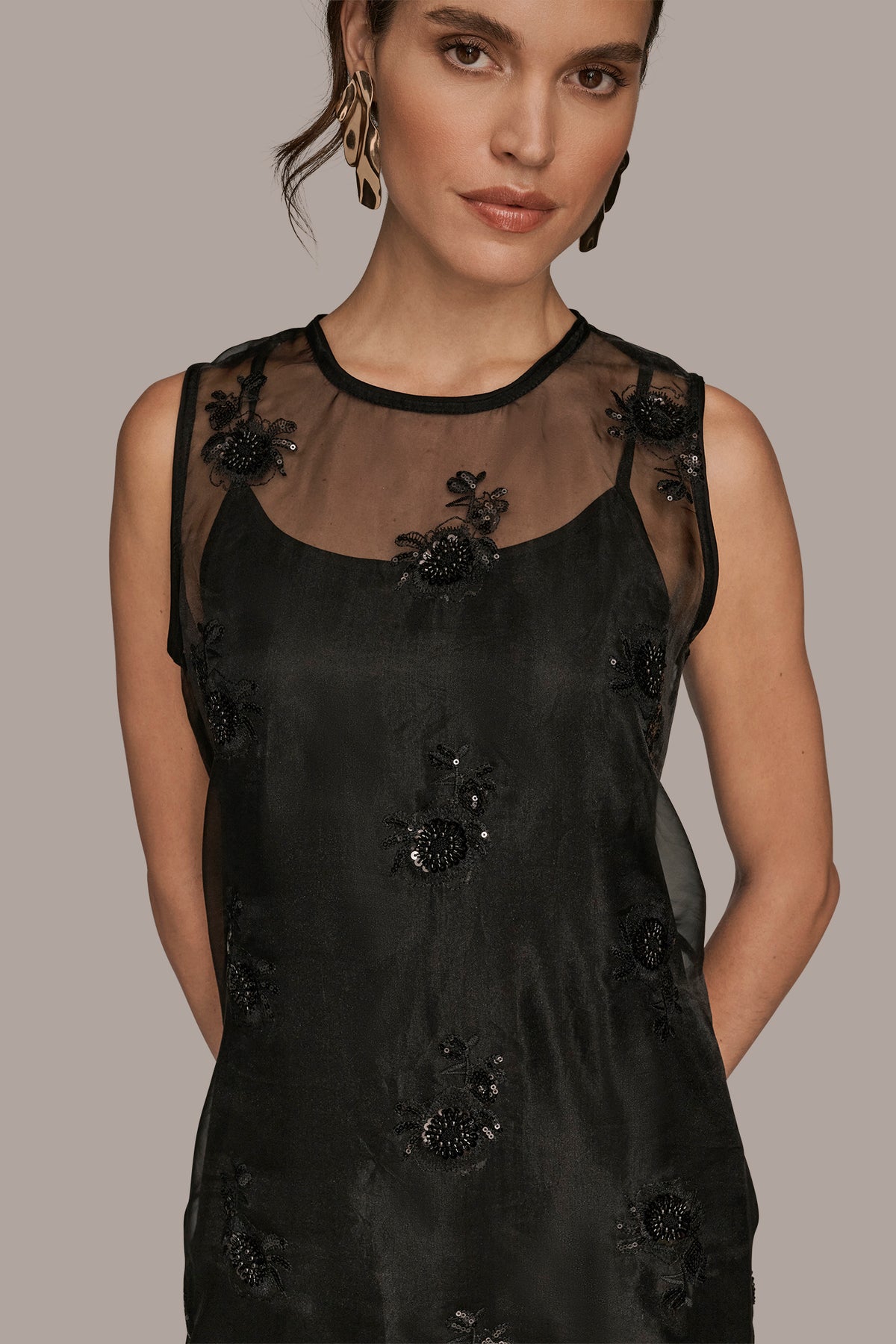 chinese dress ladies Donna Karan Women's Embroidered Sequin Slip Sleeveless Dress - Black