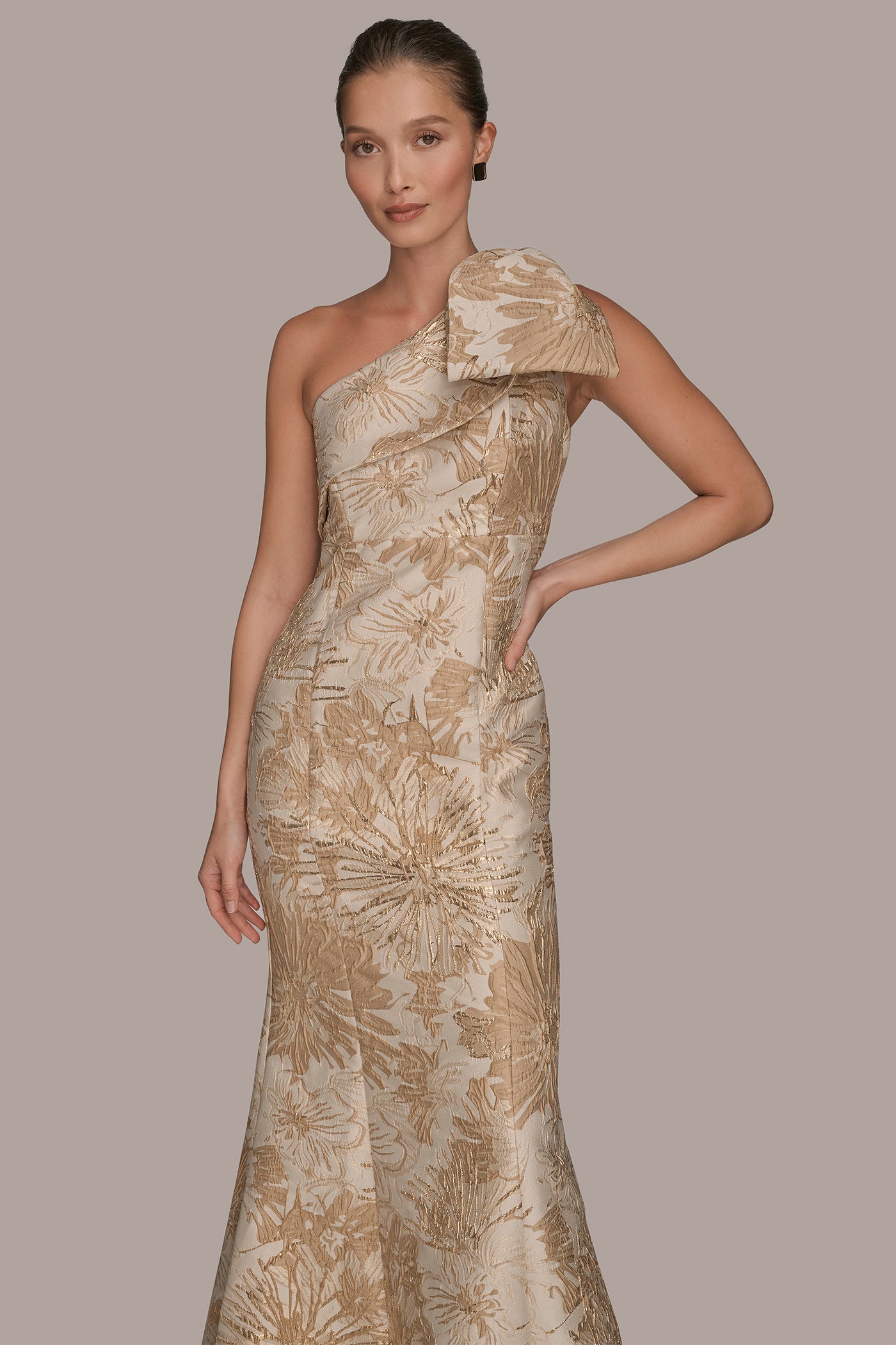 BOW-EMBELLISHED ONE-SHOULDER FLORAL BROCADE GOWN VIEW 4 | Evening & Formal BOW-EMBELLISHED ONE-SHOULDER FLORAL BROCADE GOWN VIEW 4 | Evening & Formal
