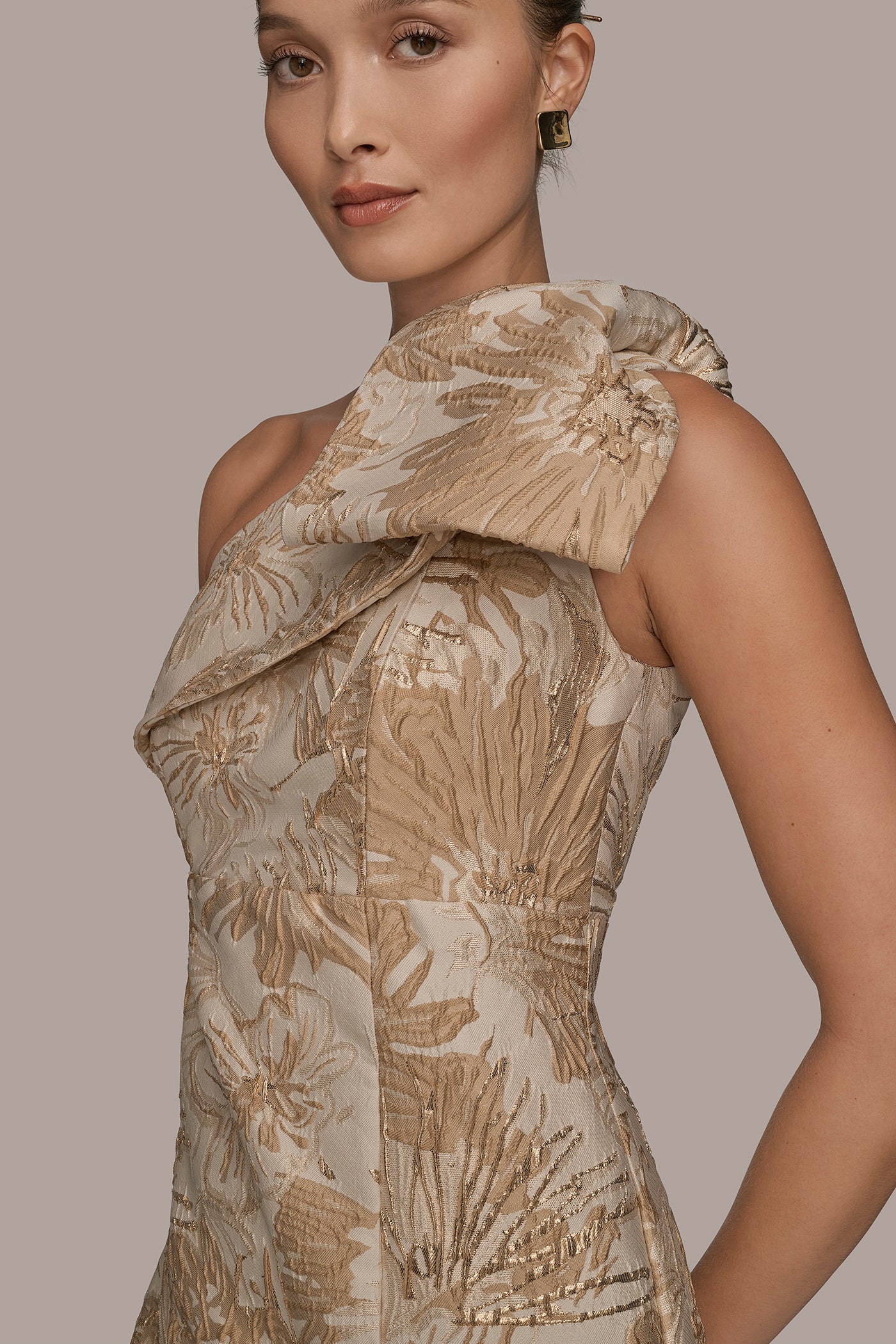 BOW-EMBELLISHED ONE-SHOULDER FLORAL BROCADE GOWN VIEW 5 | Evening & Formal BOW-EMBELLISHED ONE-SHOULDER FLORAL BROCADE GOWN VIEW 5 | Evening & Formal