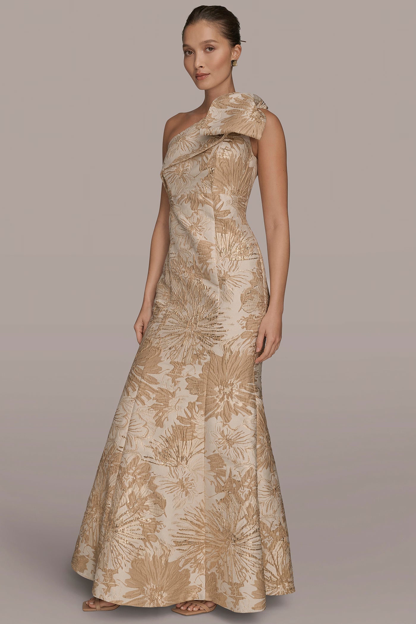 BOW-EMBELLISHED ONE-SHOULDER FLORAL BROCADE GOWN VIEW 3 | Evening & Formal BOW-EMBELLISHED ONE-SHOULDER FLORAL BROCADE GOWN VIEW 3 | Evening & Formal