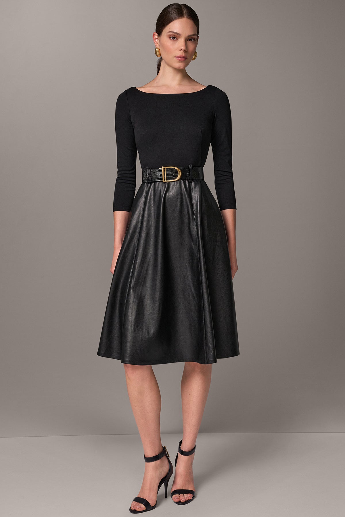 mixed media formal dress Donna Karan New York Women's Boat Neck Belted Fit & Flare - Black Neutrals Collection