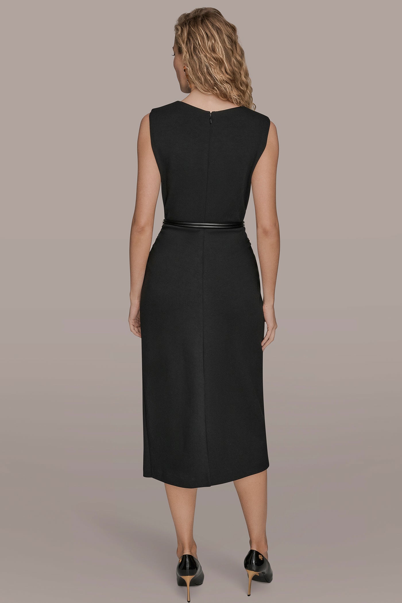 FAUX WRAP MIDI SHEATH DRESS | View 2 | Black Dresses FAUX WRAP MIDI SHEATH DRESS | View 2 | Black Dresses