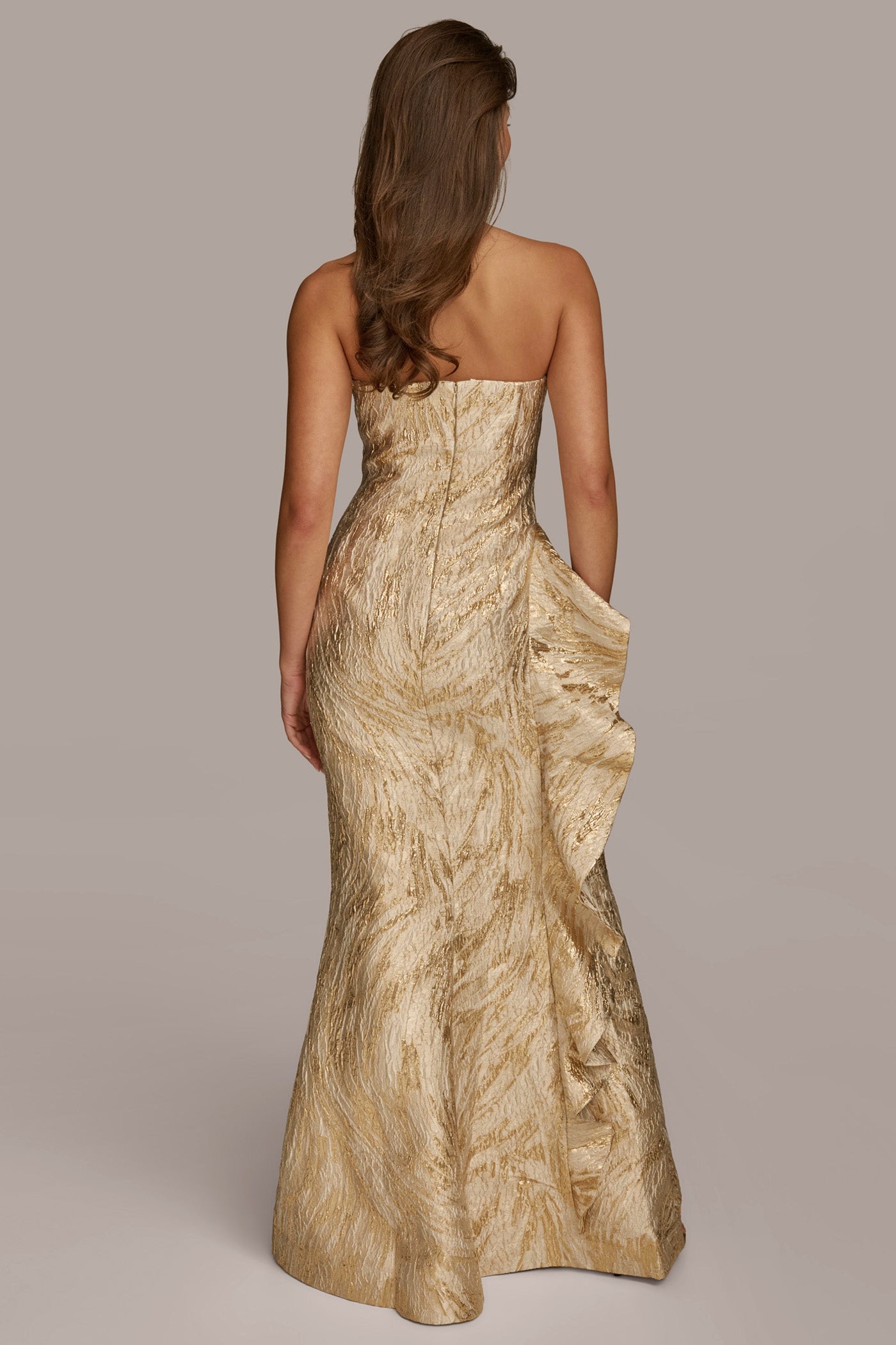STRAPLESS BROCADE RUFFLE GOWN VIEW 2 STRAPLESS BROCADE RUFFLE GOWN VIEW 2