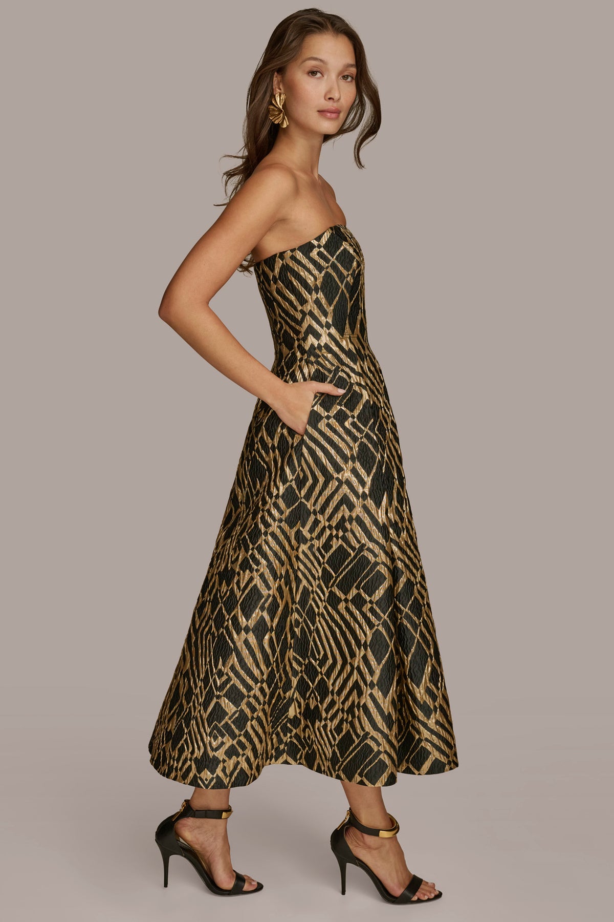 Strapless Brocade Midi Gown | Fit and FlareGown