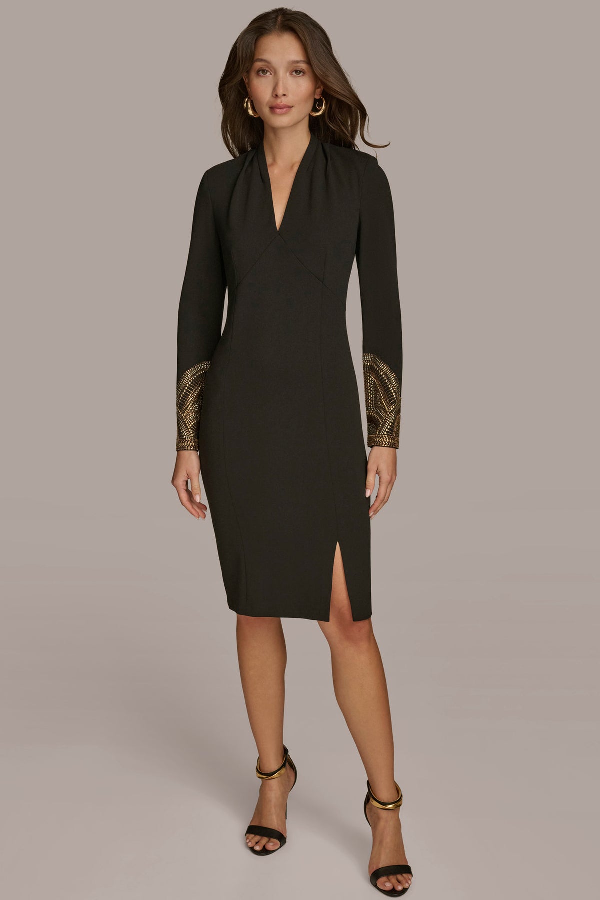 fitted lace wedding dress Donna Karan Women's Long-Sleeve V-Neck Hot Fix Sheath Midi Dress - Black/Gold