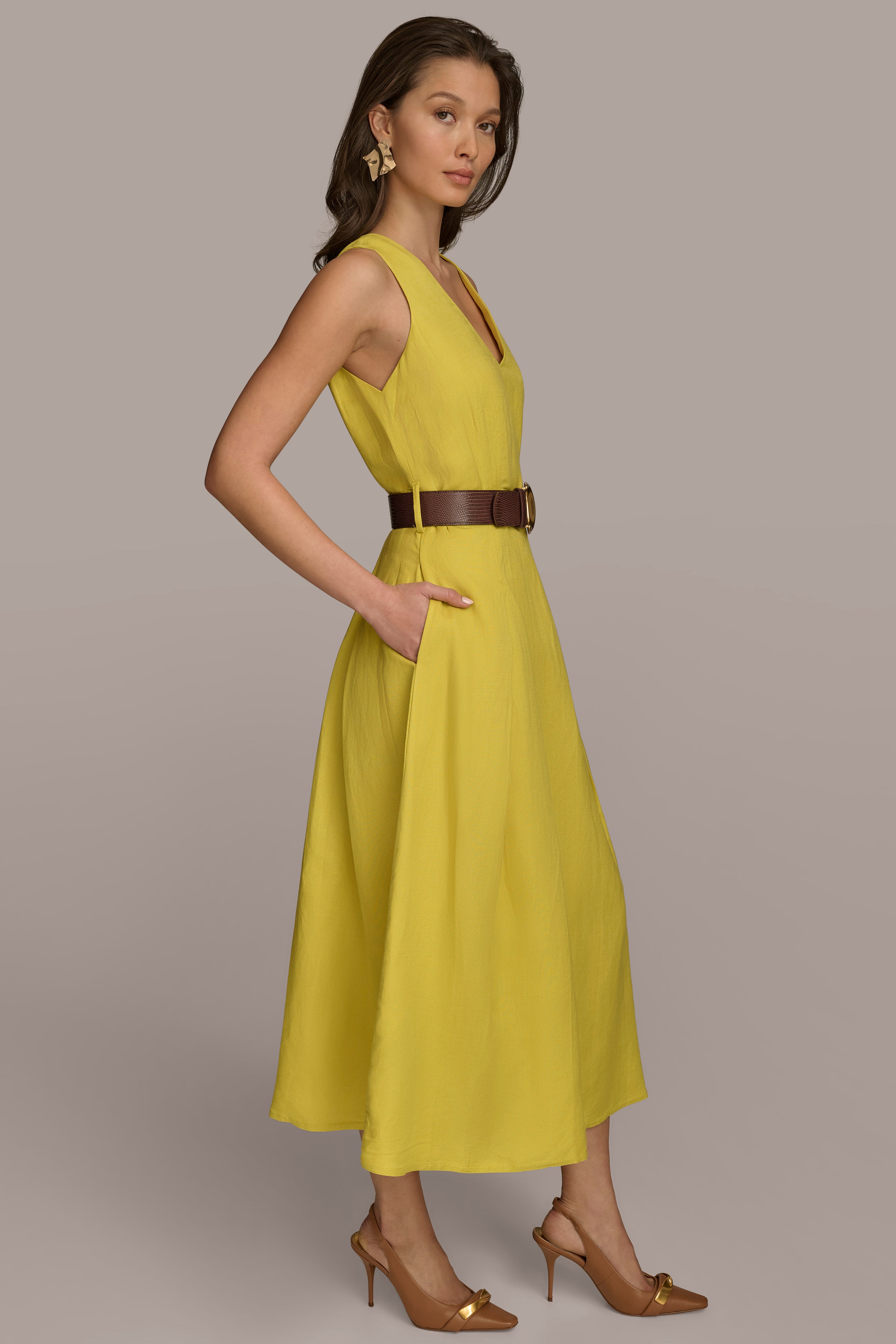 BELTED LINEN-BLEND A LINE DRESS VIEW 3 | Last Chance BELTED LINEN-BLEND A LINE DRESS VIEW 3 | Last Chance