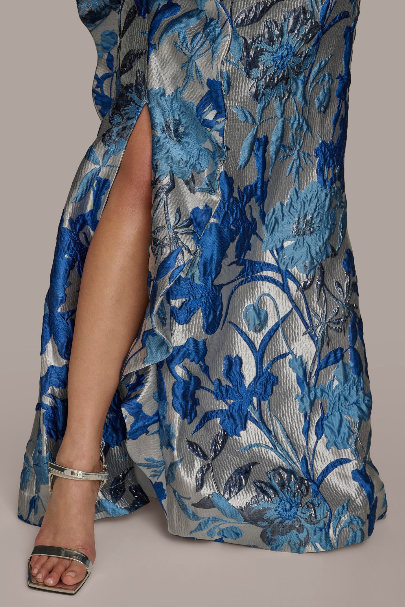 FLORAL JACQUARD WITH SIDE RUFFLE GOWN VIEW 7 FLORAL JACQUARD WITH SIDE RUFFLE GOWN VIEW 7