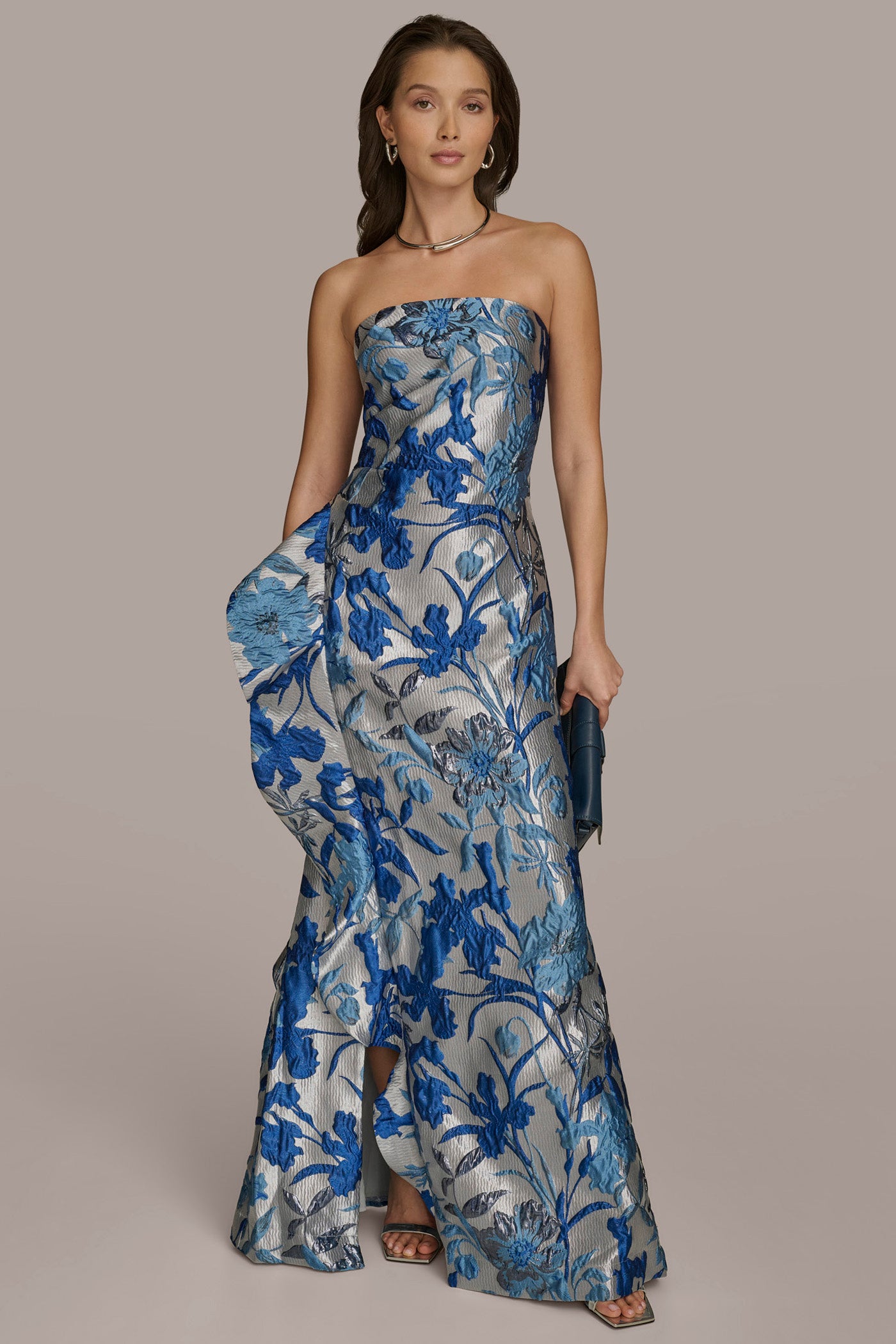 FLORAL JACQUARD WITH SIDE RUFFLE GOWN VIEW 5 FLORAL JACQUARD WITH SIDE RUFFLE GOWN VIEW 5