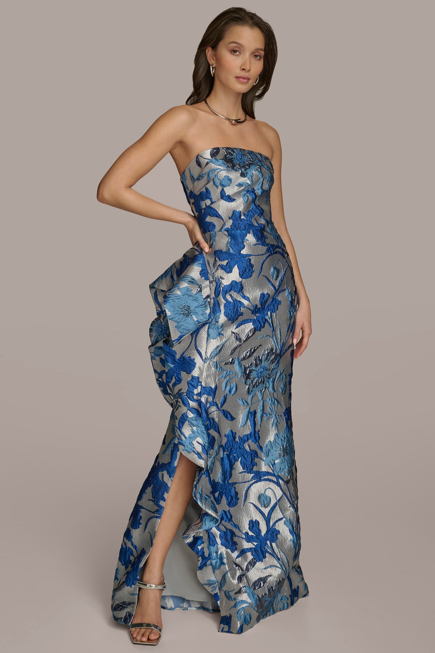 FLORAL JACQUARD WITH SIDE RUFFLE GOWN VIEW 3 FLORAL JACQUARD WITH SIDE RUFFLE GOWN VIEW 3