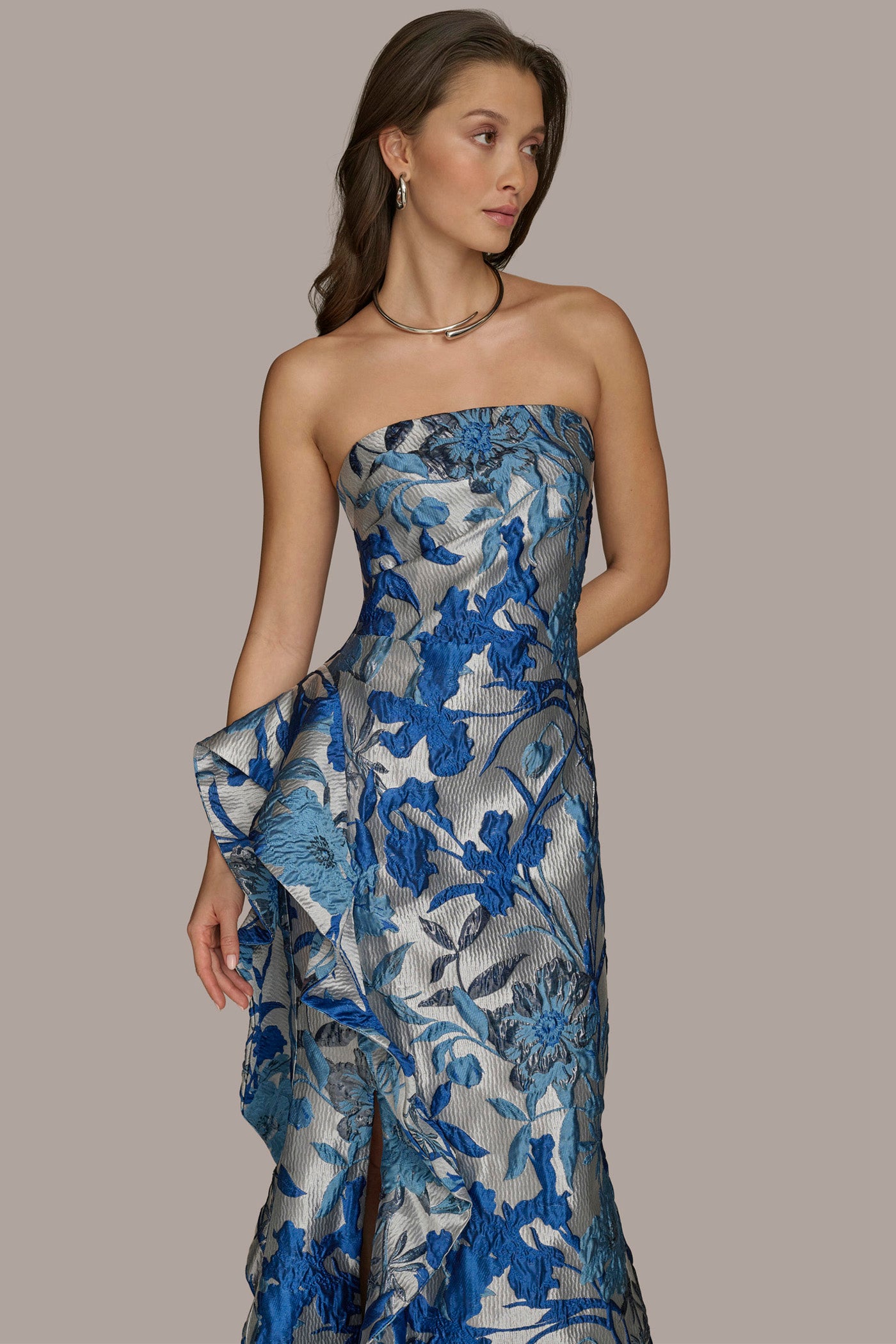 FLORAL JACQUARD WITH SIDE RUFFLE GOWN VIEW 6 FLORAL JACQUARD WITH SIDE RUFFLE GOWN VIEW 6
