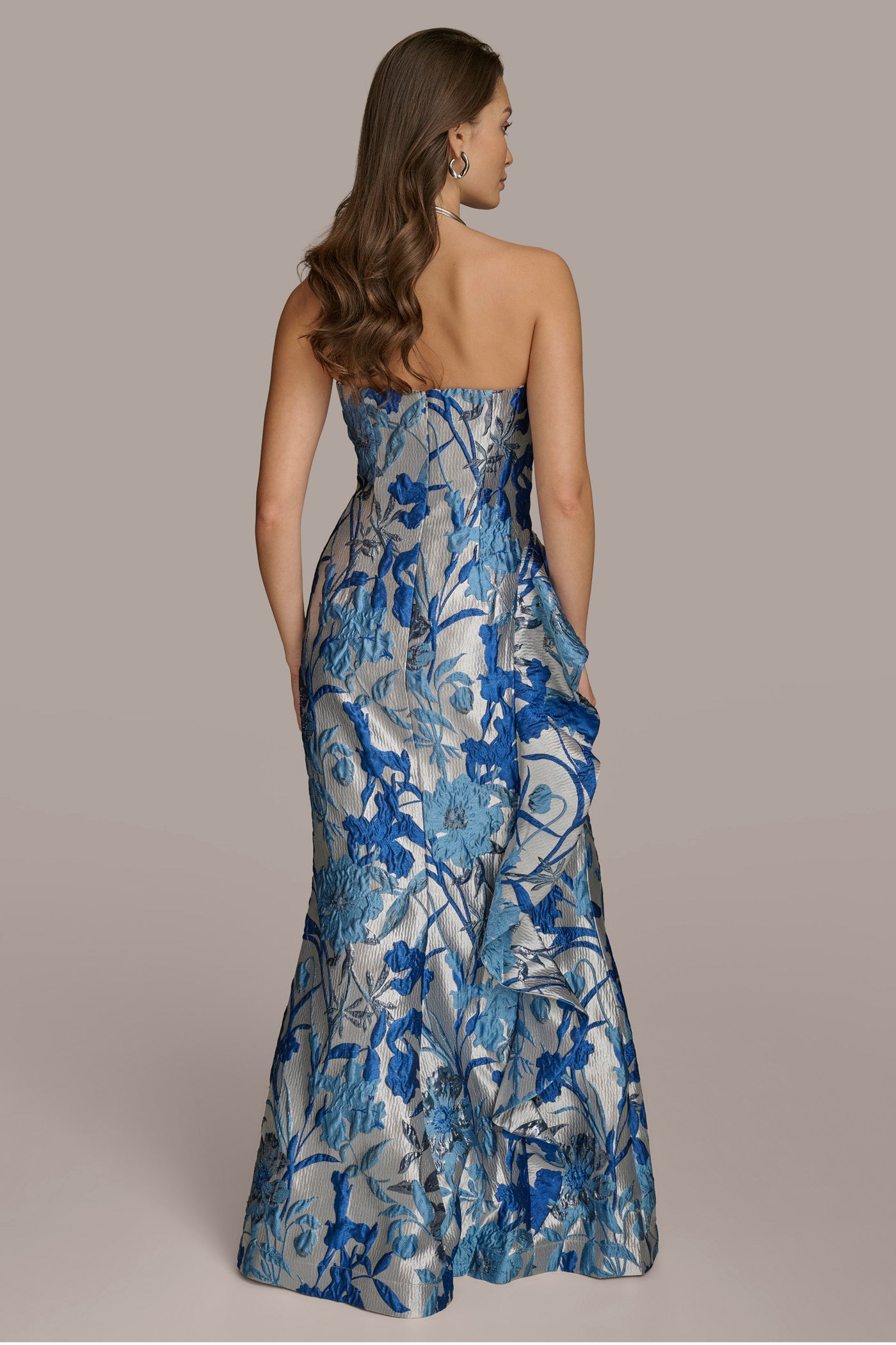 FLORAL JACQUARD WITH SIDE RUFFLE GOWN VIEW 2 FLORAL JACQUARD WITH SIDE RUFFLE GOWN VIEW 2