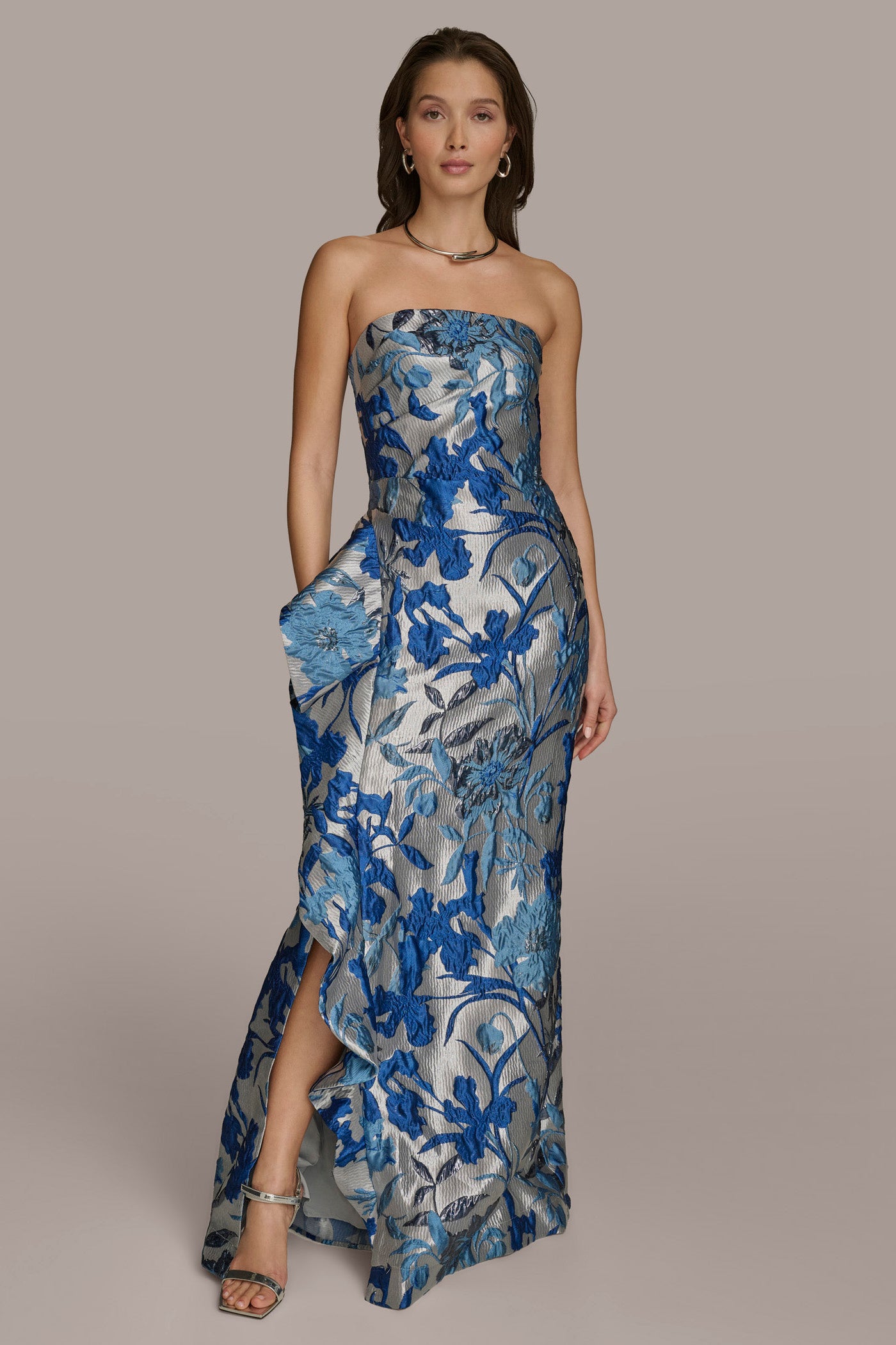 FLORAL JACQUARD WITH SIDE RUFFLE GOWN VIEW 1 FLORAL JACQUARD WITH SIDE RUFFLE GOWN VIEW 1