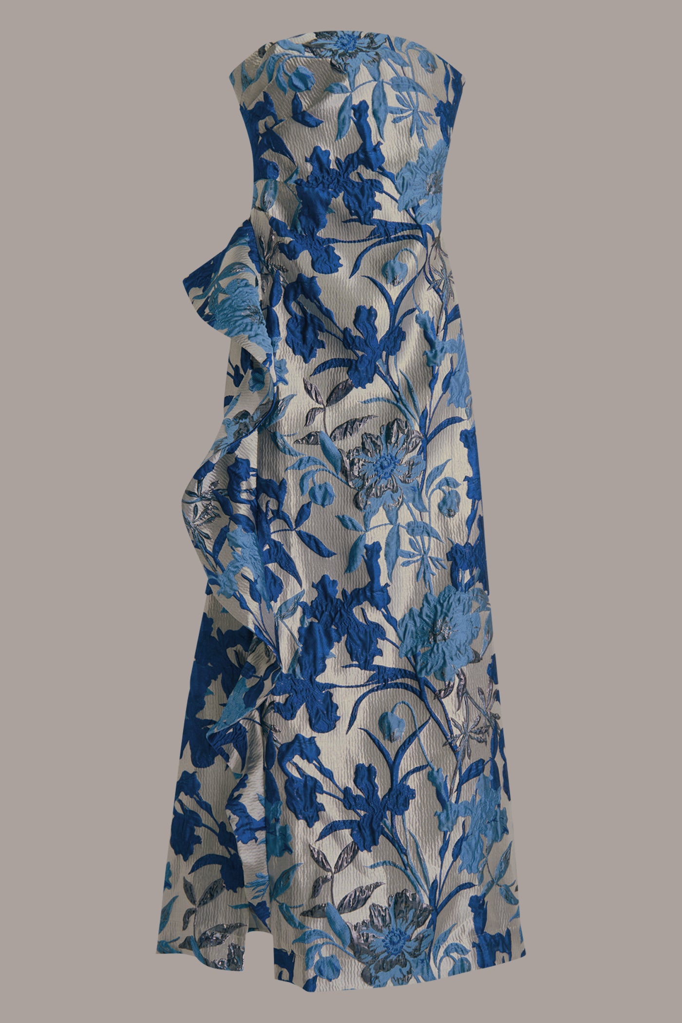 FLORAL JACQUARD WITH SIDE RUFFLE GOWN VIEW 8 FLORAL JACQUARD WITH SIDE RUFFLE GOWN VIEW 8