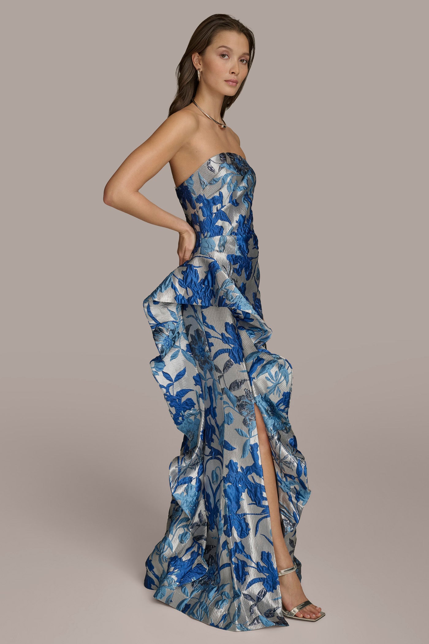 FLORAL JACQUARD WITH SIDE RUFFLE GOWN VIEW 4 FLORAL JACQUARD WITH SIDE RUFFLE GOWN VIEW 4