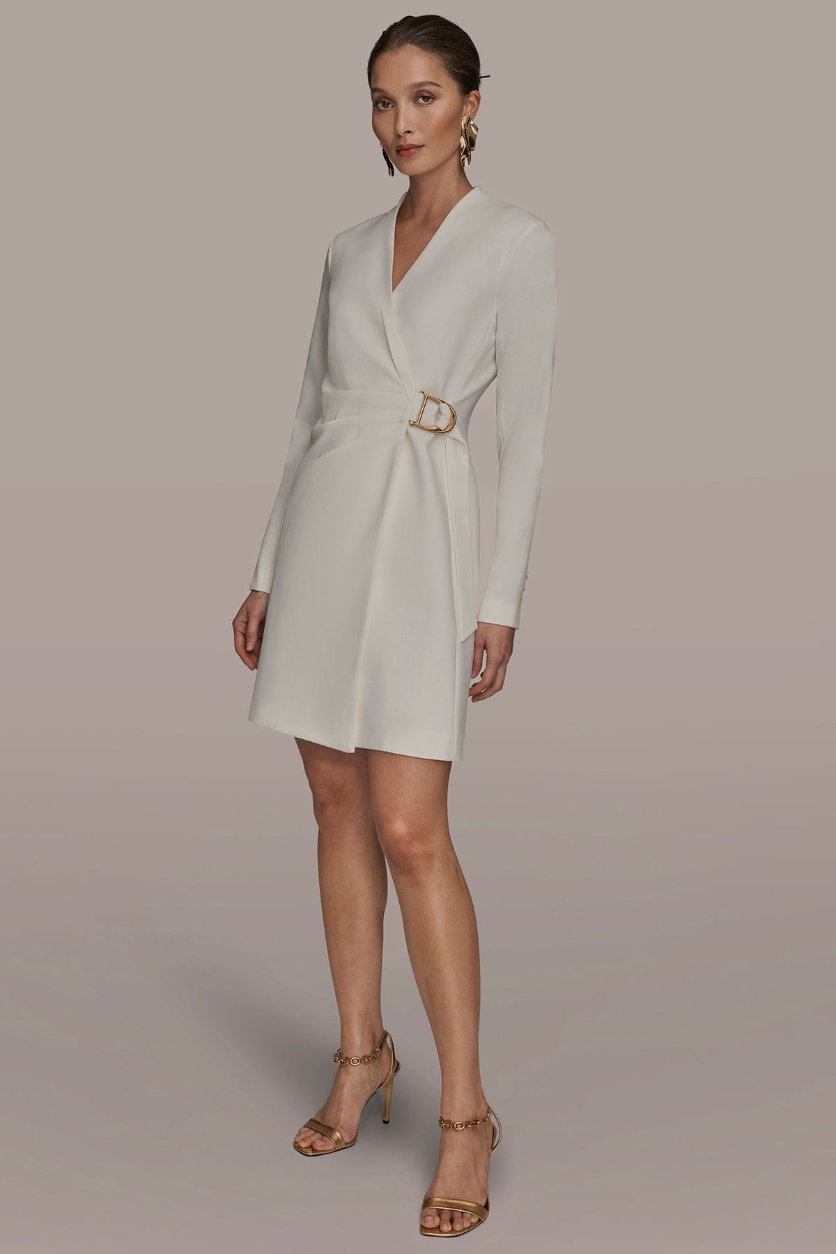 knee length dresses for ladies Zapaka Women White A-Line High-Low Party Dress Wrap V Neck Long Sleeves Formal Dress, White / M main image 0