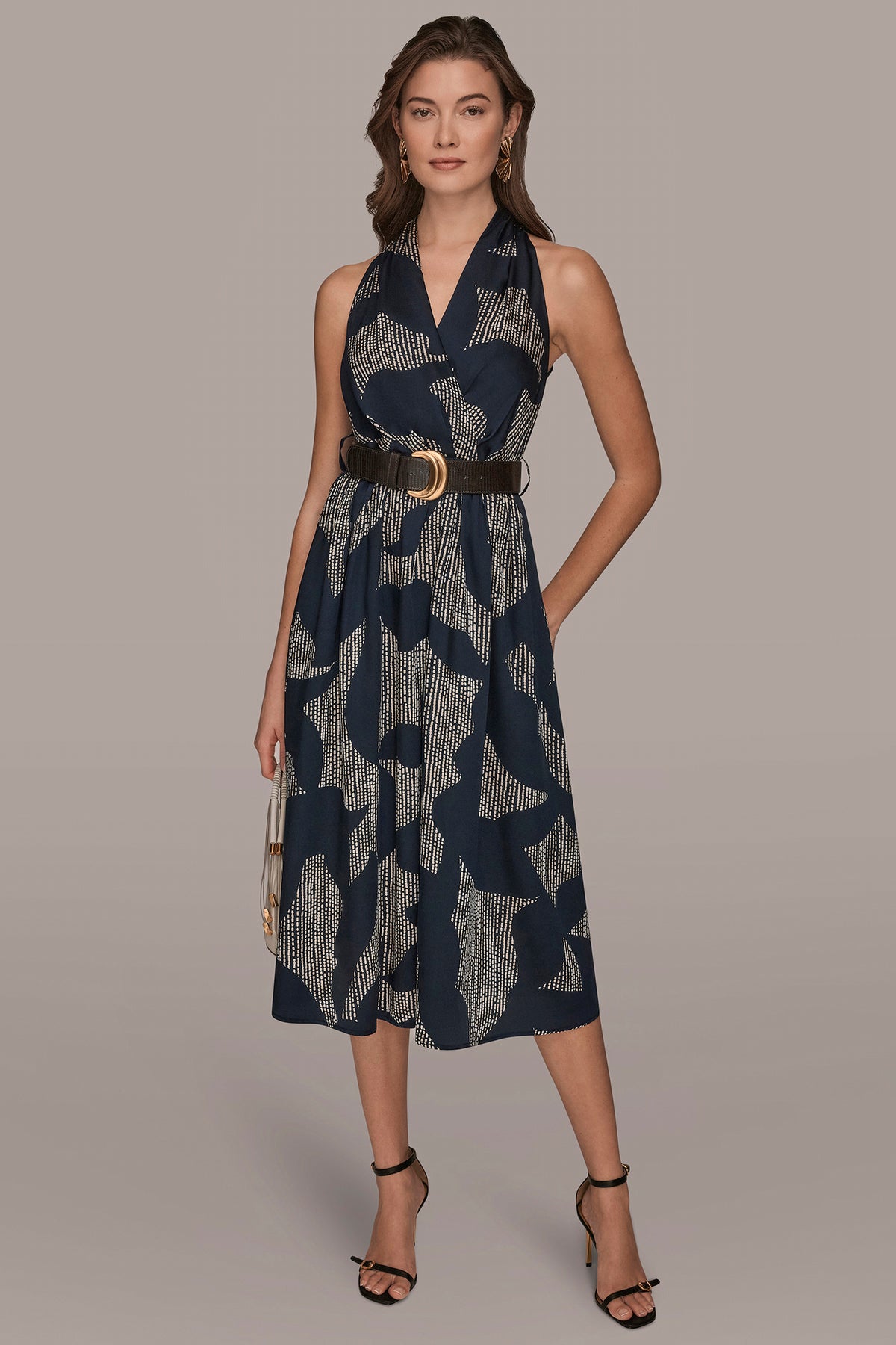 Donna Karan Women's Printed Wrap Midi Halter Dress in Nightfall/Sand