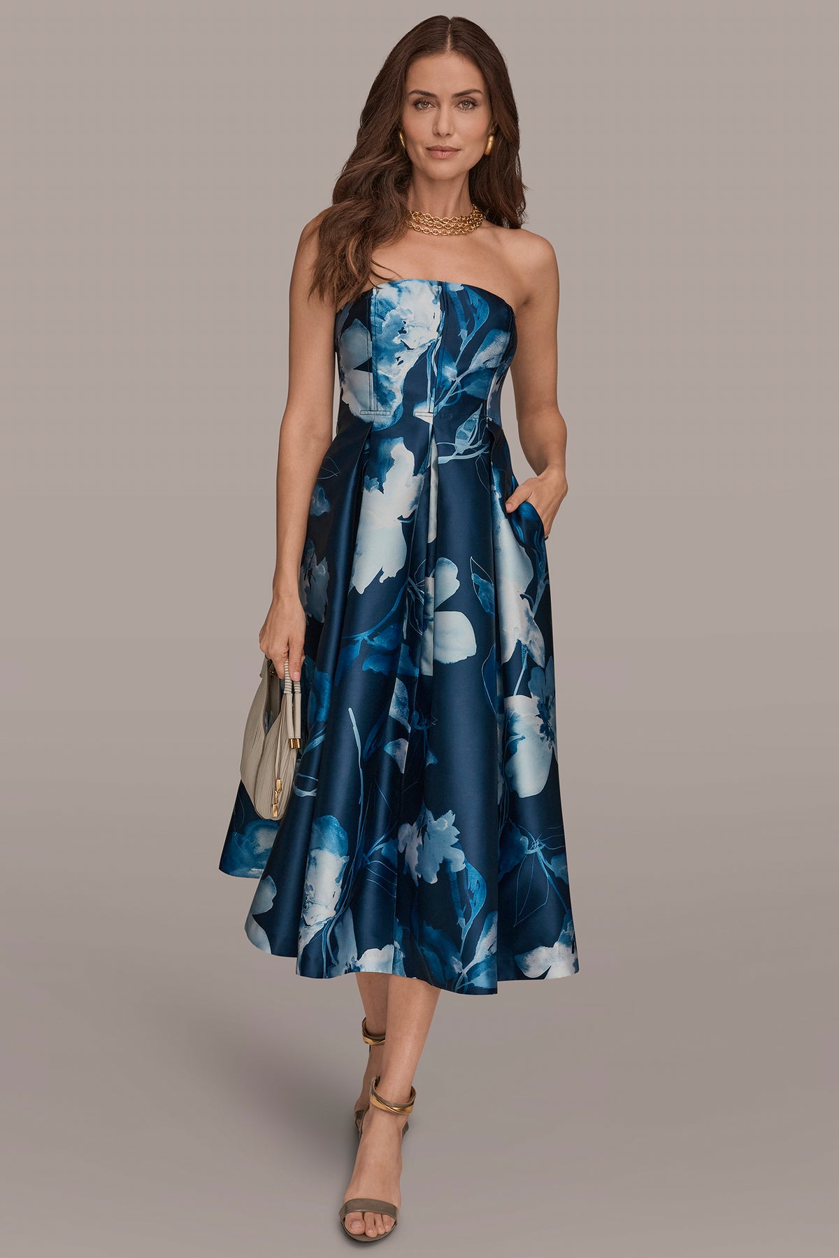knee length dresses for ladies Mikado Strapless Floral Midi Gown | GownFit and Flare