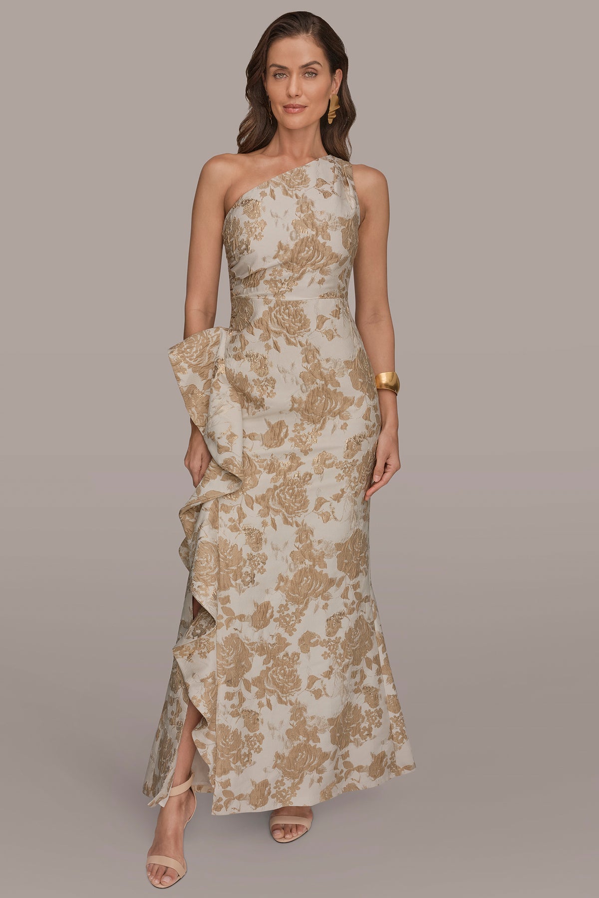 Floral Jacquard One Shoulder Ruffle Gown | Gown
