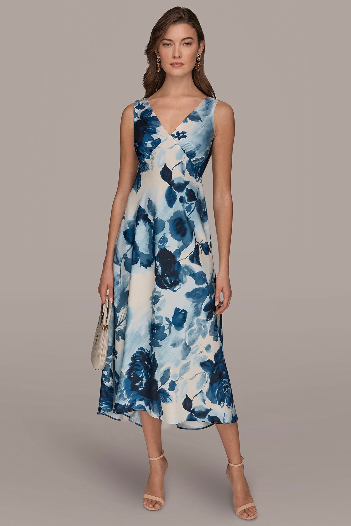 Satin Sleeveless Floral Midi A Line Dress | Fit and Flare
