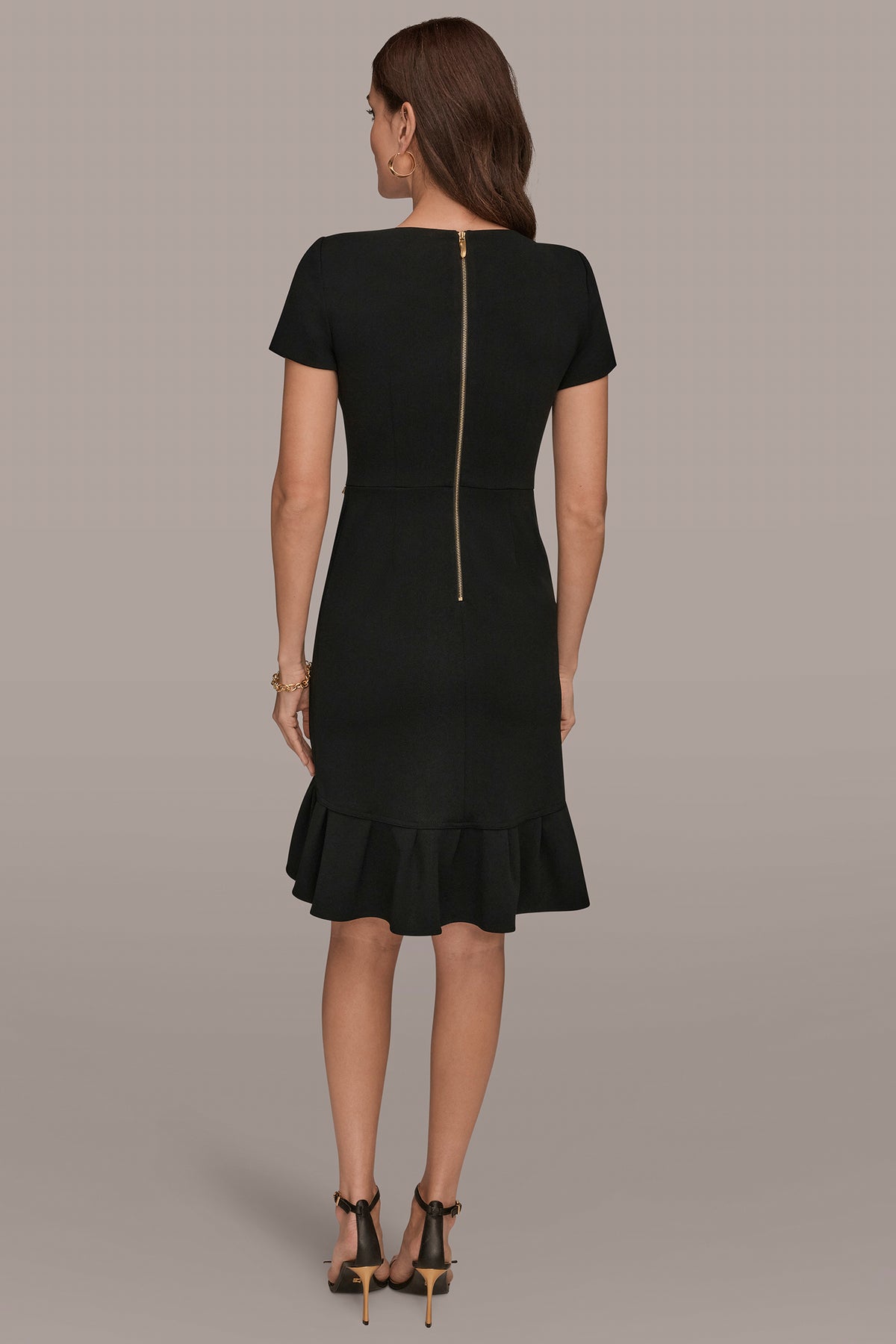 Donna Karan Women's Short Sleeve Ruffle Sheath Dress in Black Donna Karan Women's Short Sleeve Ruffle Sheath Dress in Black