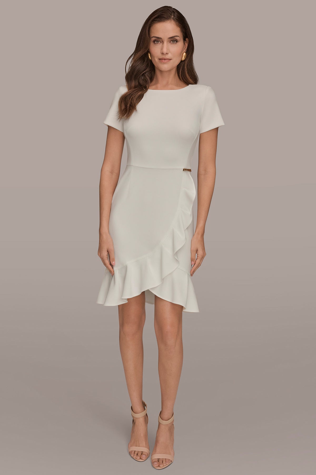 short ruffle white dress Donna Karan Women's Short Sleeve Ruffle Sheath Dress in Cream