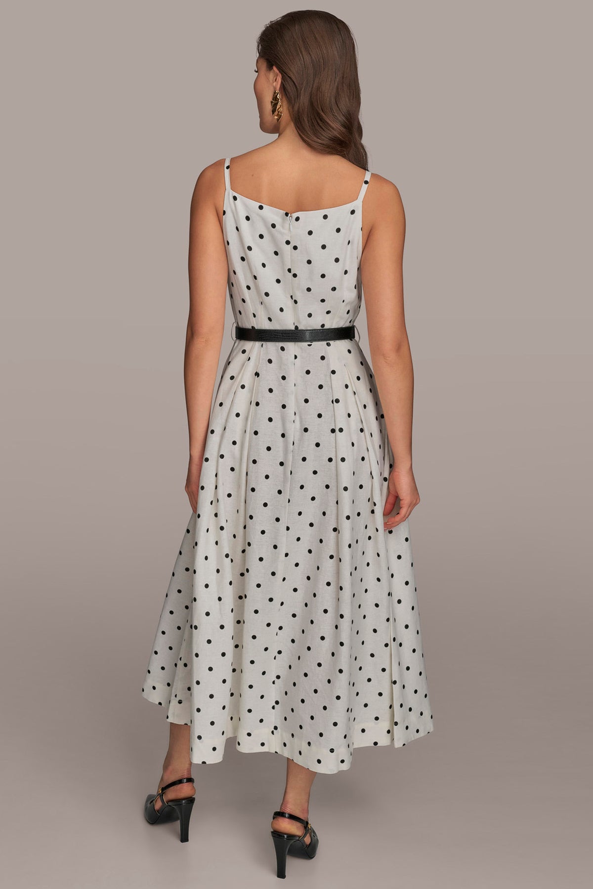 Boat Neck Polka Dot Fit And Flare Maxi A-Line Dress Donna Karan